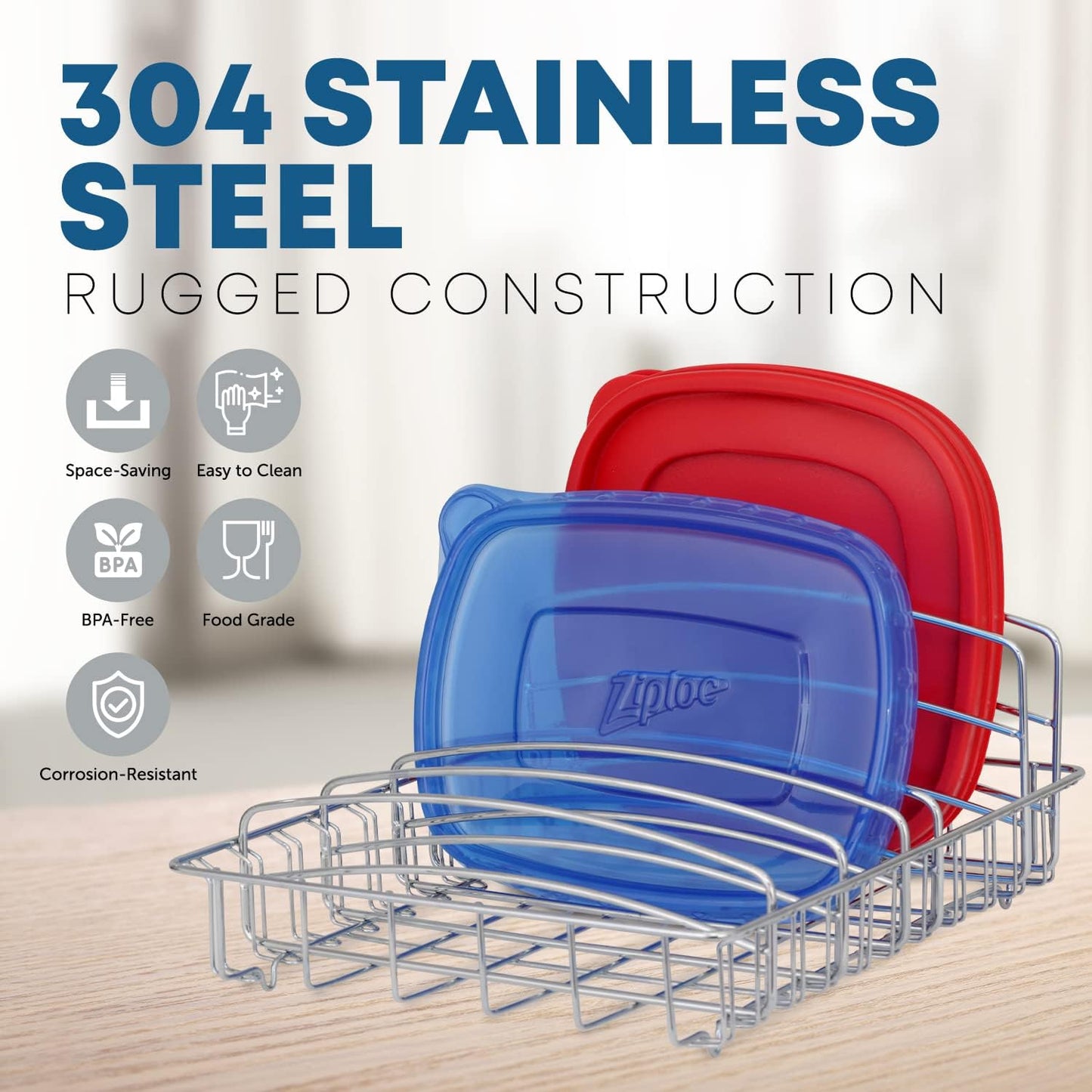 Food Container Lid Organizer - Lid Storage Holder, Large, Chrome