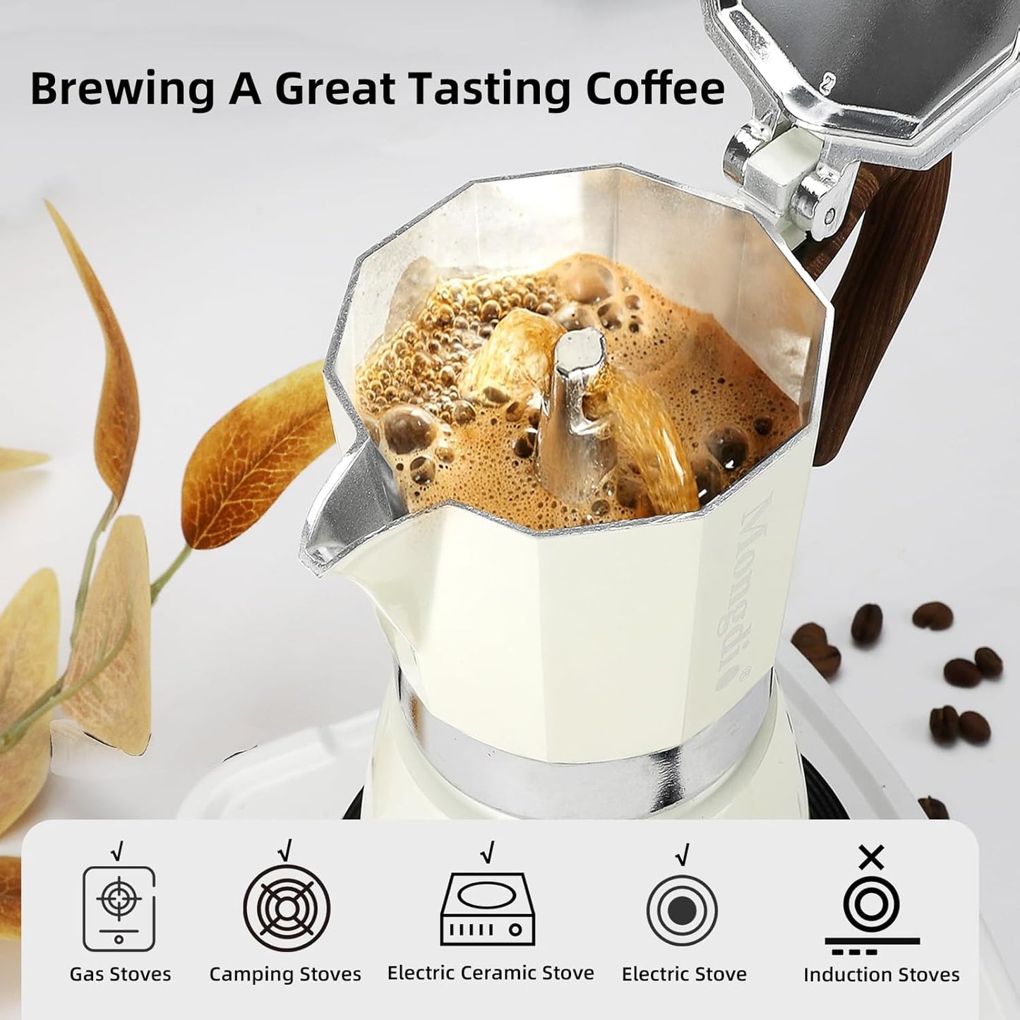 Stovetop Espresso Maker Moka Pot, Cuban Coffee Maker Stove top coffee maker Moka Italian Espresso Greca Coffee Maker Brewer Percolator, 9 Espresso Cups, 15 oz - White