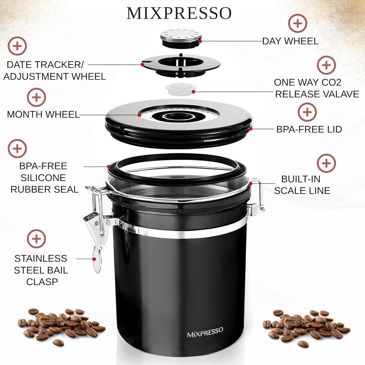 Mixpresso 16 Oz Black Coffee Canister, Stainless Steel Airtight Coffee Container, Air tight Jar Tea Storage with Date Tracker, Vacuum Sealed Espresso Airtight Canister, Sugar Container for Home