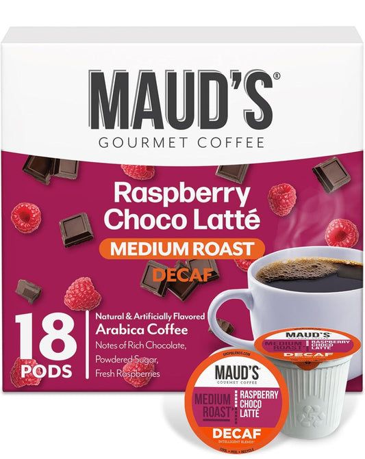 Maud's Decaf Raspberry Chocolate Flavored Coffee Pods, 18 ct, Decaffeinated Medium Roast Flavored Coffee in Recyclable Single Serve Pods – 100% Arabica Beans, Compatible with Keurig K Cups Maker