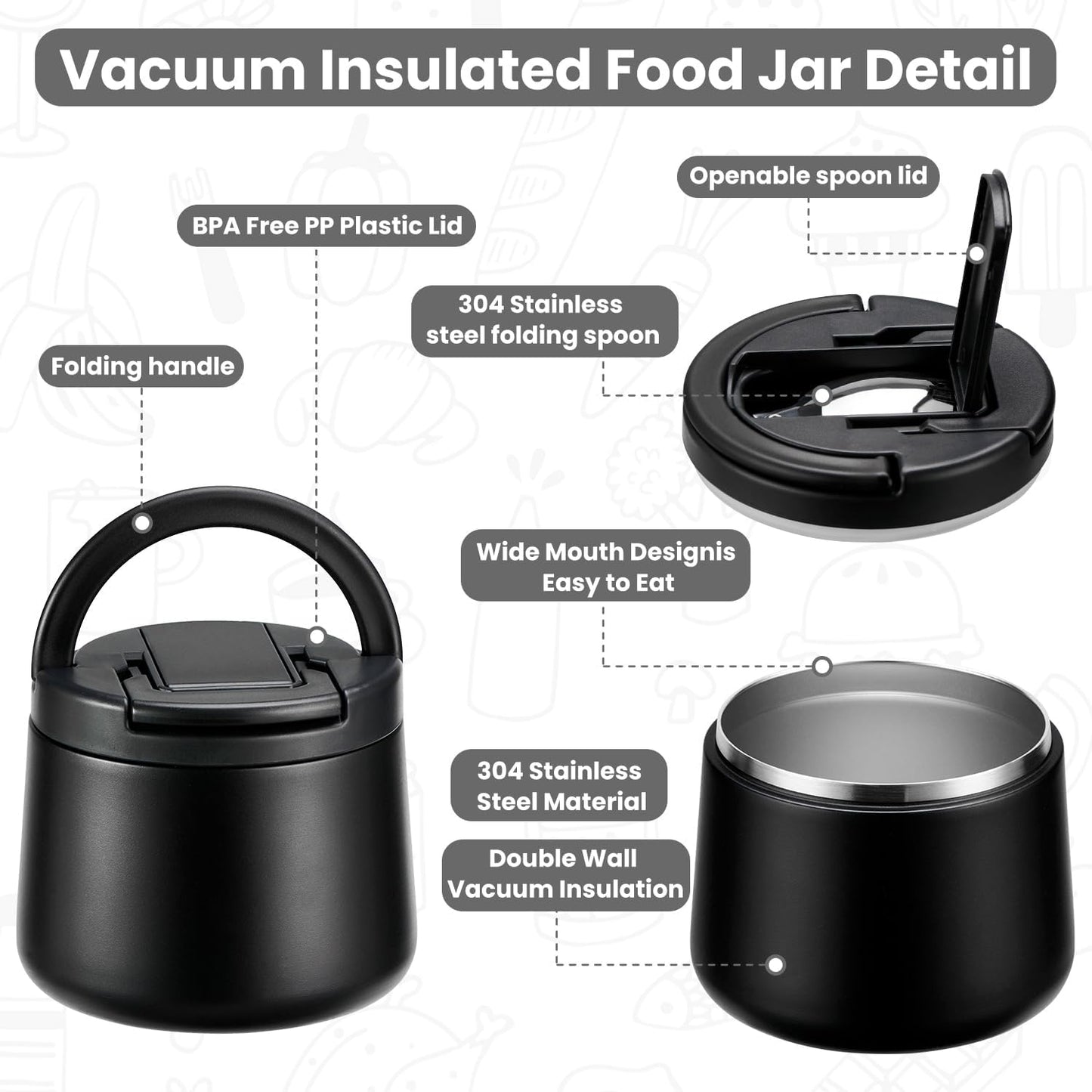 14oz Insulated Vacuum Food Jar with Buckle Lid,Soup Thermo for Hot Food Kids,Wide Mouth Leakproof Stainless Steel Lunch Container with Spoon-Black