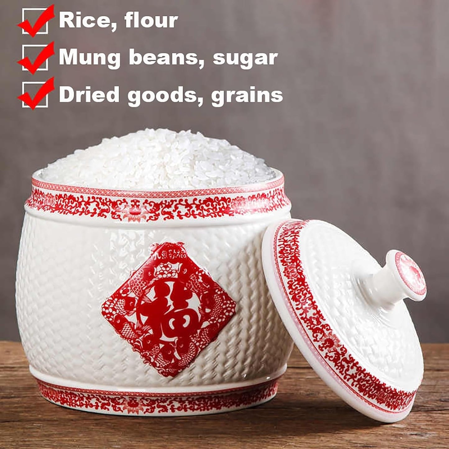 Chinese Sealed Large-Capacity Rice Pot, Ceramic Rice Bucket With Tassel Design, Grain Storage Ceramic Container, Rice Dispenser Airtight Storage Bucket For Grains Snacks Candy Coffee Beans Food(A,Capa