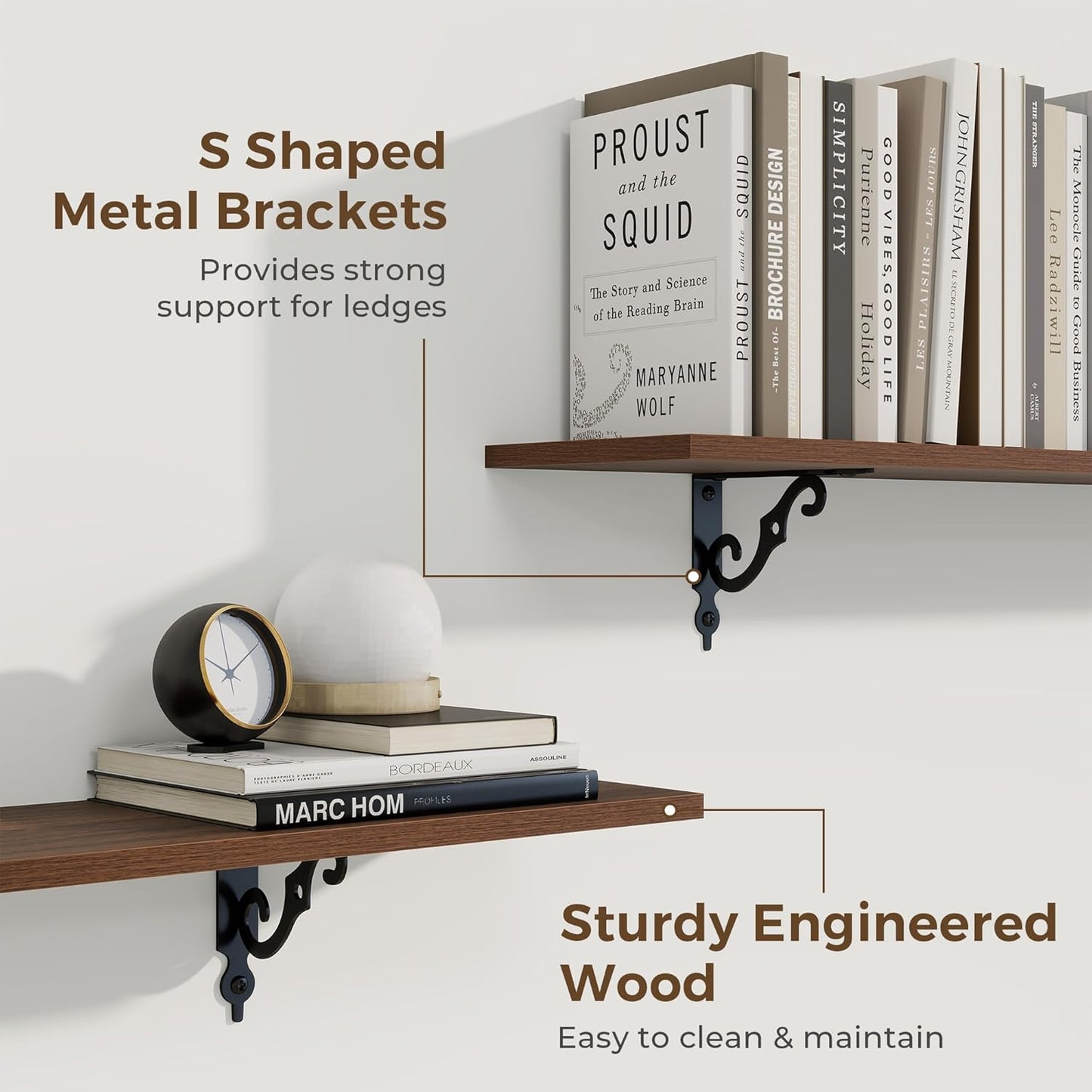 RICHFOCUS Floating Shelves for Wall Decor, 8 Inch Deep Shelves Set of 2, 16W x 8D Floating Shelves Wall Mounted with Metal Brackets, Rustic Wood Shelves for Living Room Bedroom Kitchen, Walnut