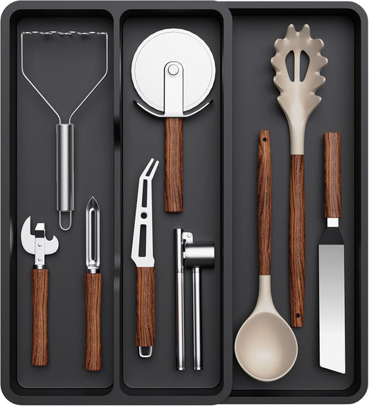 Lifewit Utensil Drawer Organizer, Expandable Cooking Silverware Tray for Kitchen Drawer, Adjustable Cutlery Flatware Holder, Plastic Spatula Tools and Gadgets Storage Divider, 3 Compartments, Black