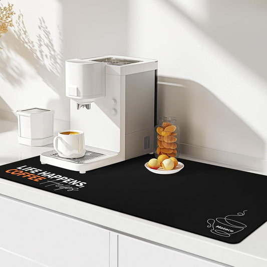 Matace Designer Coffee Bar Mat, Extra Large 17 x 31.5 Inches, Rubber Backing, Absorbent Coffee Maker Mats for Dish Drying, Kitchen Countertop, Life Happens Coffee Helps, Black