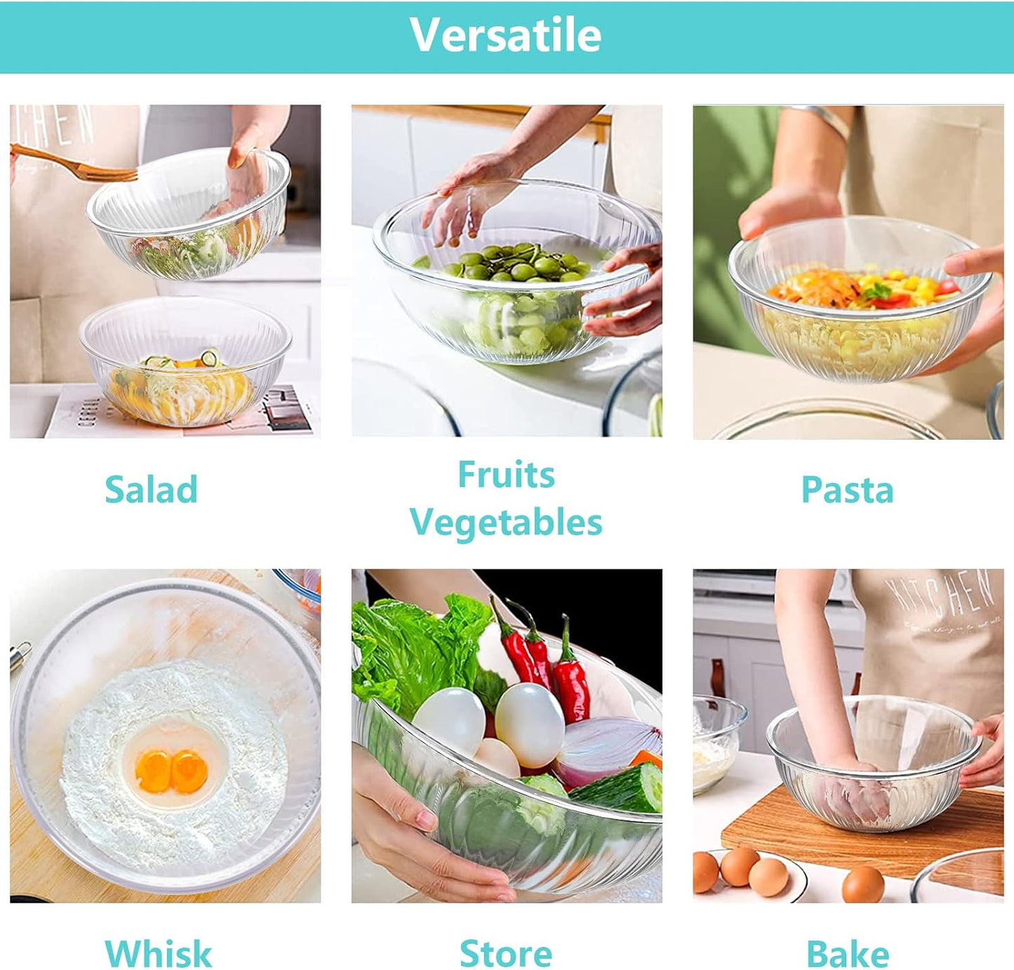 WhiteRhino Glass Mixing Bowls with Lids Set of 3(3.7QT, 2.1QT, 1.1QT),Large Kitchen Salad Bowls, Space-Saving Nesting Bowls, Clear Glass Serving Bowls for Cooking,Baking,Prepping,Dishwasher Safe