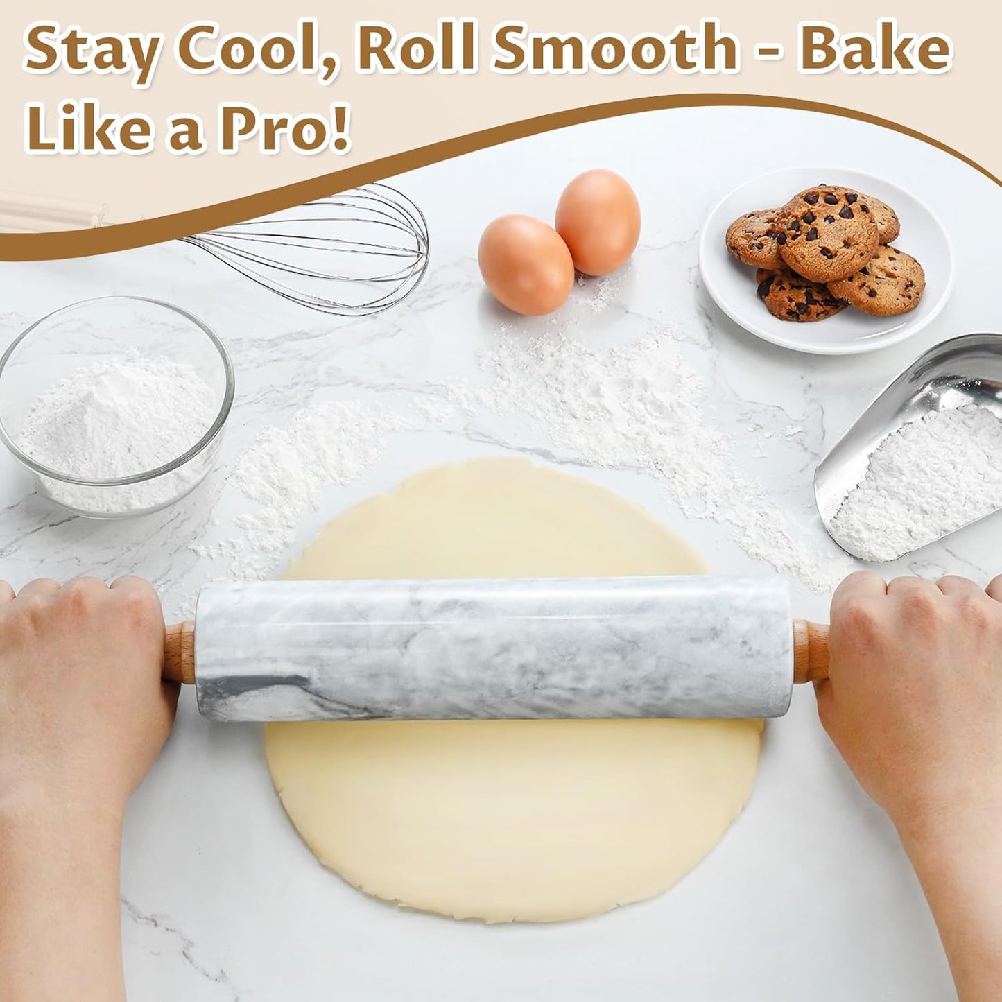 Marble Rolling Pin - 18.9" Marble Rolling Pins for Baking, Pastry, Pizza Dough & More - Polished Non-Stick Surface, Long Dough Roller with Wooden Handles & Base