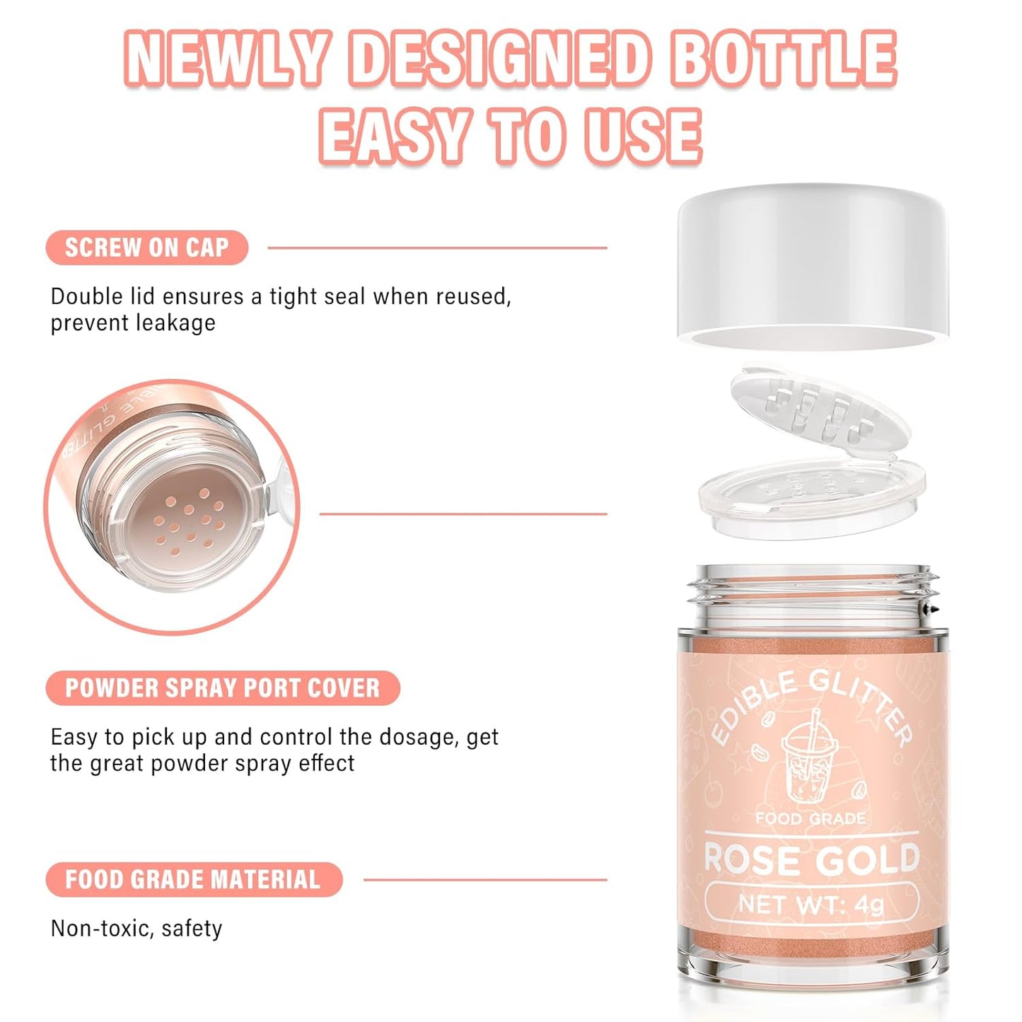 Cherrysea Edible Glitter for Drinks Cocktails Food Grade Edible Drink Shimmer Powder for DIY Champagne Beverages Wine 2 Colors Vegan Edible Luster Dust Set 4g/Bottle Gluten Free - Rosegold & Gold