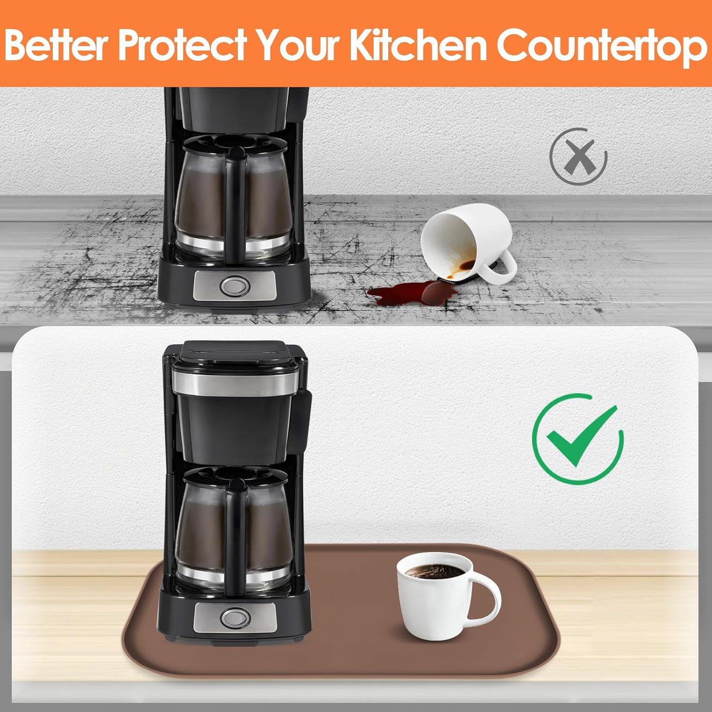 Silicone Coffee Maker Mat with Lip, 24'' x 16'' Heavy Duty Coffee Maker Mat for Countertops, Coffee Tray Fit Under Coffee Machine Appliance Automatic Machines Espresso Accessory, Brown