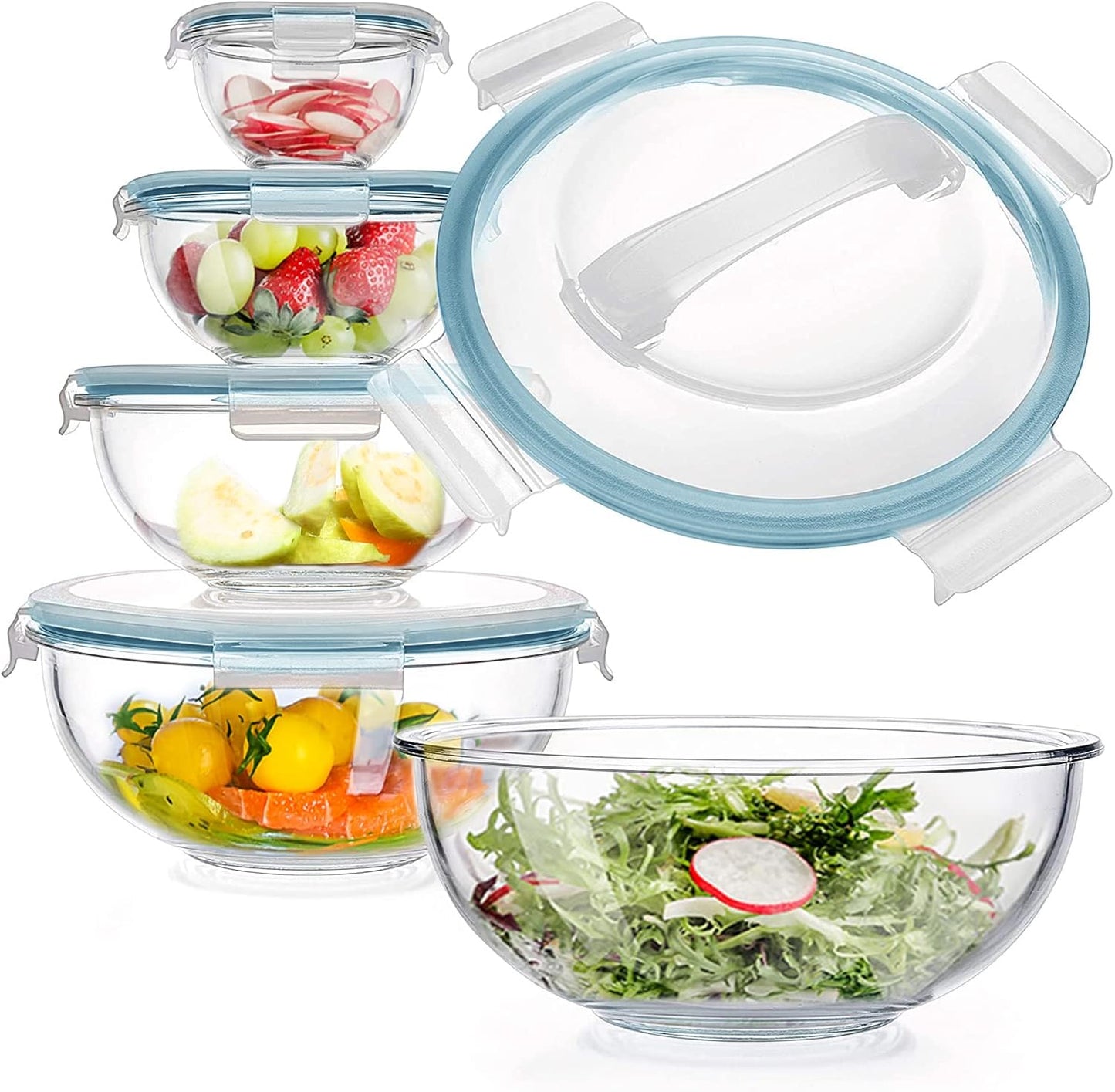 WhiteRhino Glass Mixing Bowl with Lids Set of 5, 0.2, 0.5, 1.1, 2.1, 3.75 QT, Large Salad Bowls with BPA-Free Lids, Space-Saving Nesting Bowls for Kitchen Food Storage, Glass bowl for Cooking, Baking