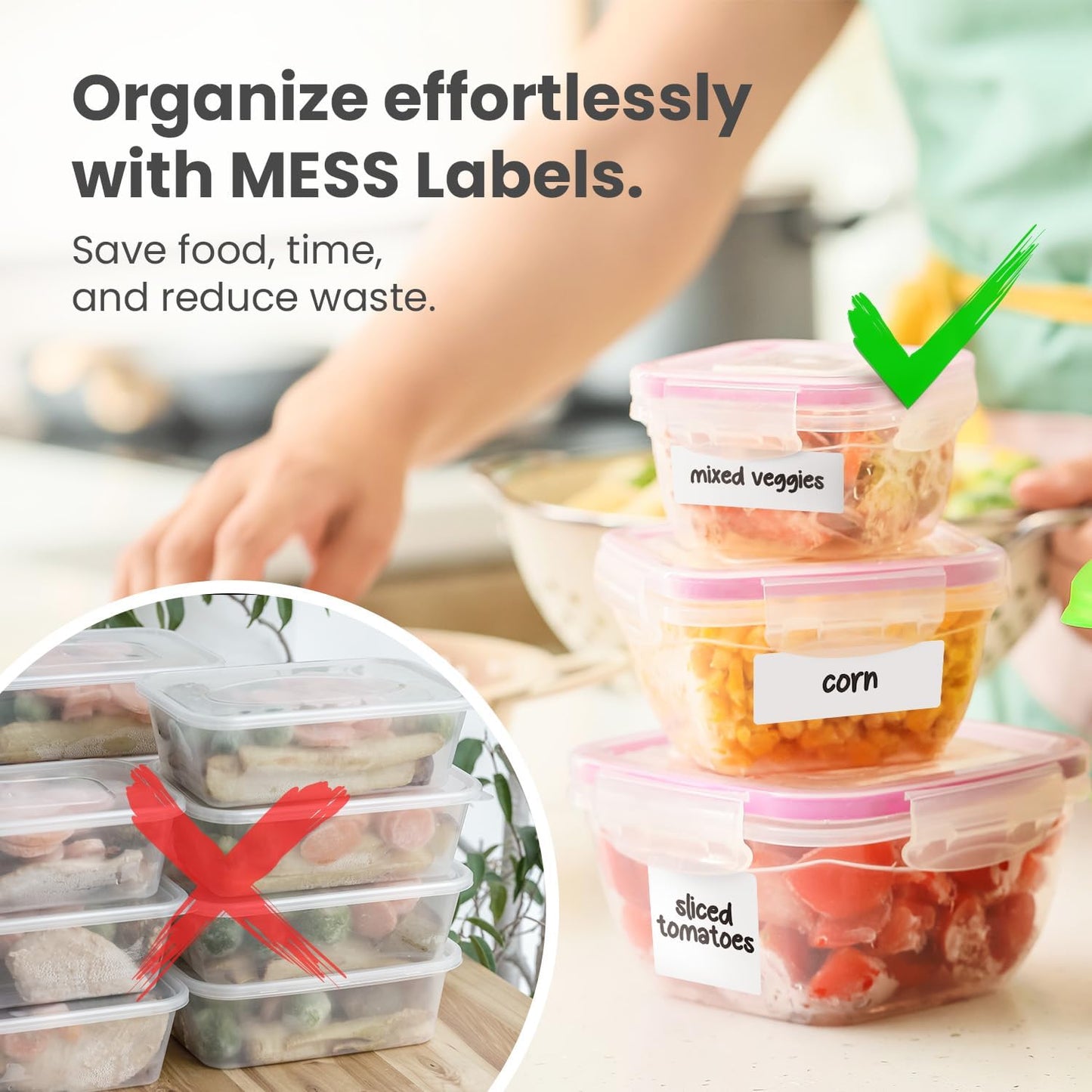 MESS Removable Food Labels for Containers (96-Pack) 1x3" & 1.5" Erasable Kitchen Labels for Organizing, Freezer & Fridge, White Dry Erase Labels for Jars