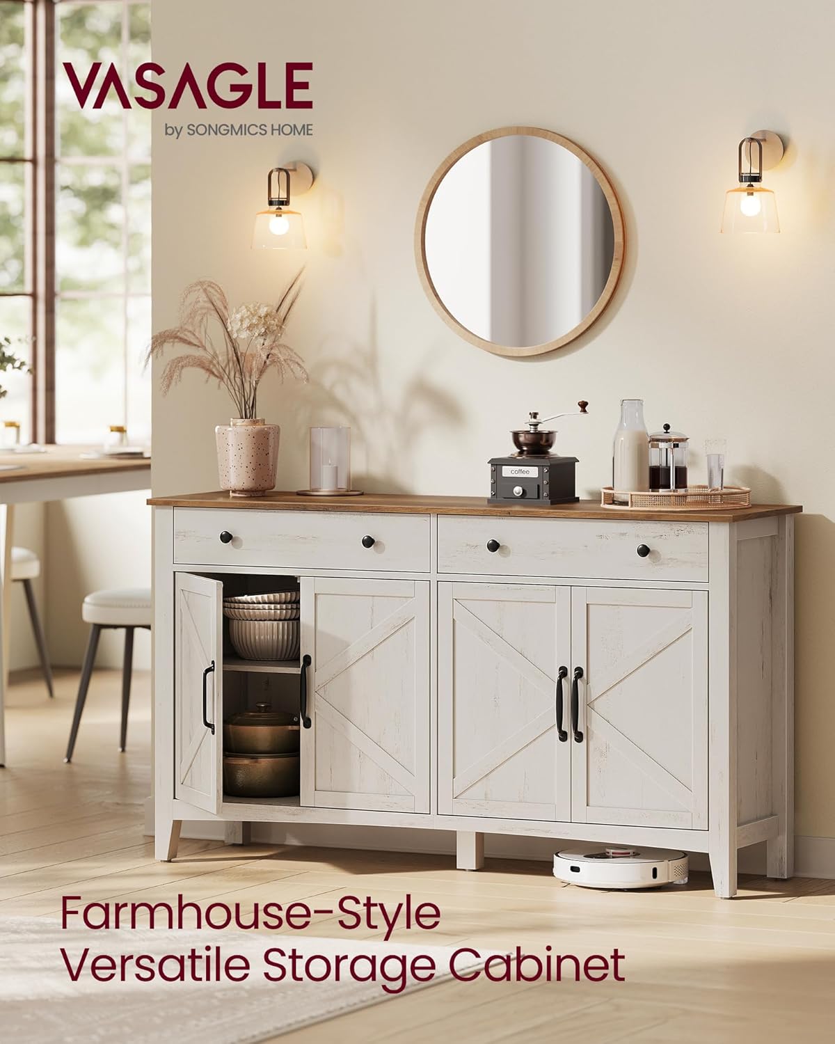 VASAGLE LIRY Collection - Buffet Cabinet, Coffee Bar Cabinet with 2 Drawers, Adjustable Shelves, Sideboard Storage with Cable Holes, Drawer Dividers, Rustic White and Honey Brown UBBK381W01