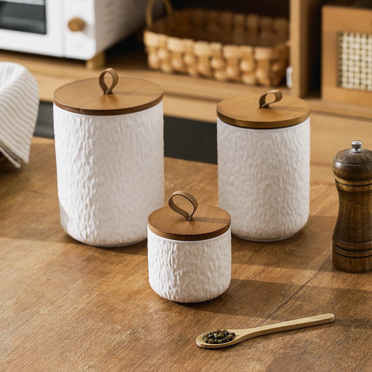 Black White Ceramic Coffee Canister Tea Canister with Seal Wood Lid, Airtight Coffee Storage Container for Coffee Bean, Ground Coffee, Sugar, Cookie Candy jar (White, 1300ml)