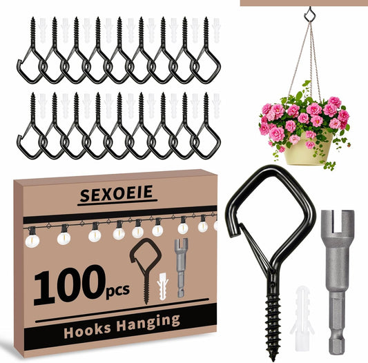 100 PCS Black Eye Screw Hooks for Hanging Heavy Duty with Safety Buckle.Metal Ceiling Hooks for Hanging Plants Cup Wind Chime Bird Feeders Patio Lights at Indoor&Outdoor