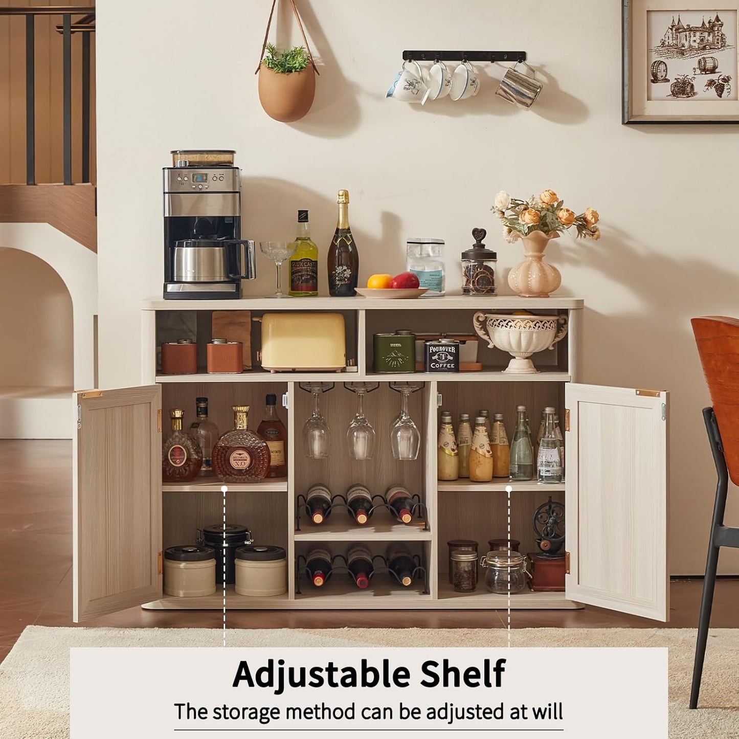 Lerliuo 47.2" Rattan Wine & Liquor Cabinet with 2 Doors, Boho Farmhouse Coffee Bar Station, Built-in Wine Racks & Storage, Adjustable Shelves for Living Room, Dining Room, Kitchen, Grey White