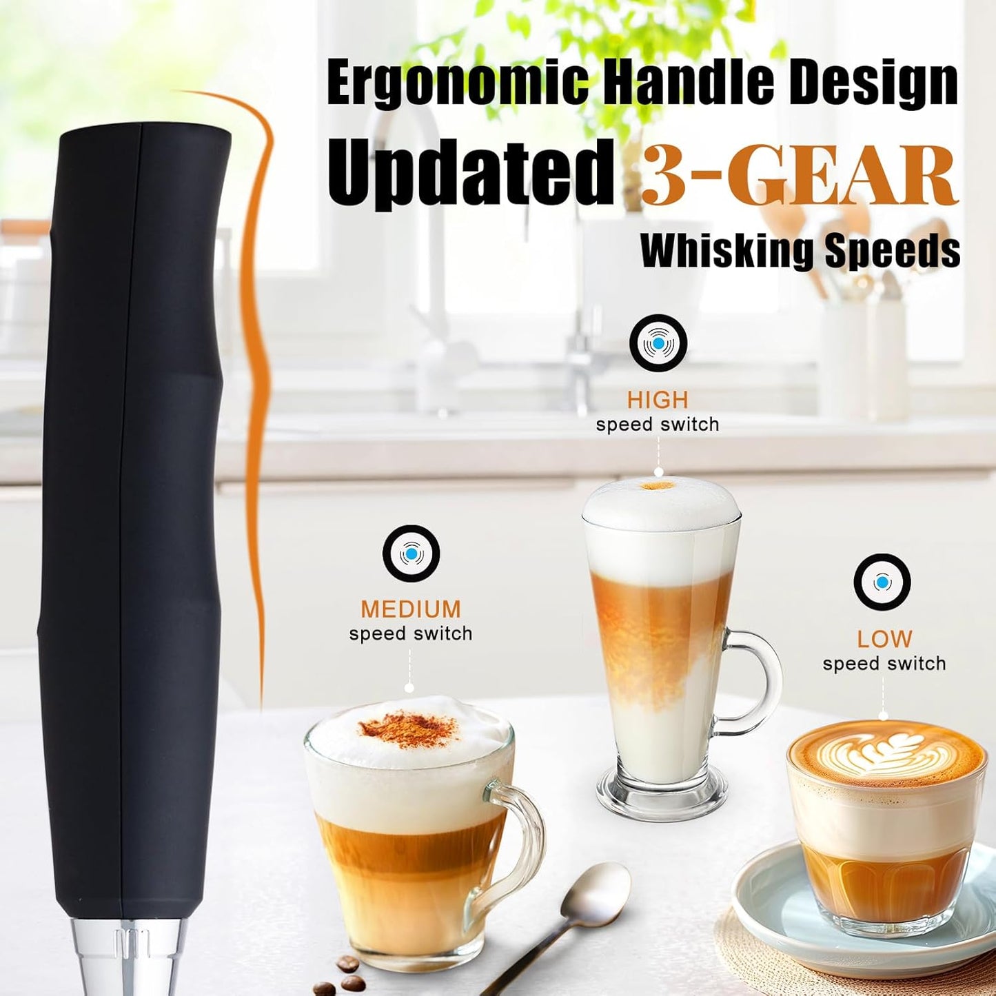 Nahida Black Milk Frother Wand for Coffee, Frother Handheld Rechargeable Electric Whisk Drink Mixer with 3 Heads 3 Speeds Coffee Frother Electric Stirrer For Latte, Cappuccino, Hot Chocolate