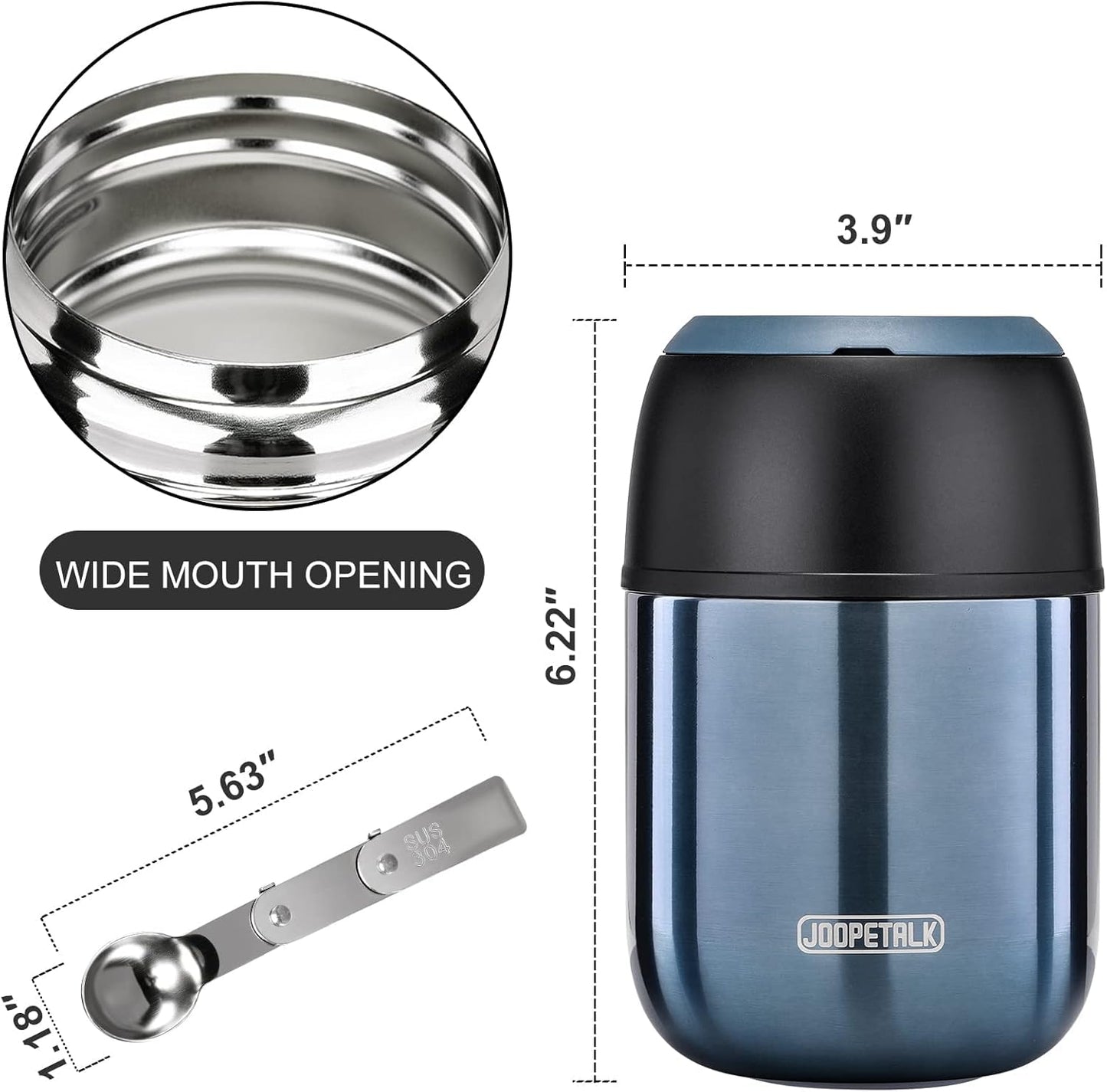 17 oz Insulated Lunch Containers, Blue, Vacuum Stainless Steel Thermo Lunch Box with Handle and Folding Spoon for School, Office, Travel