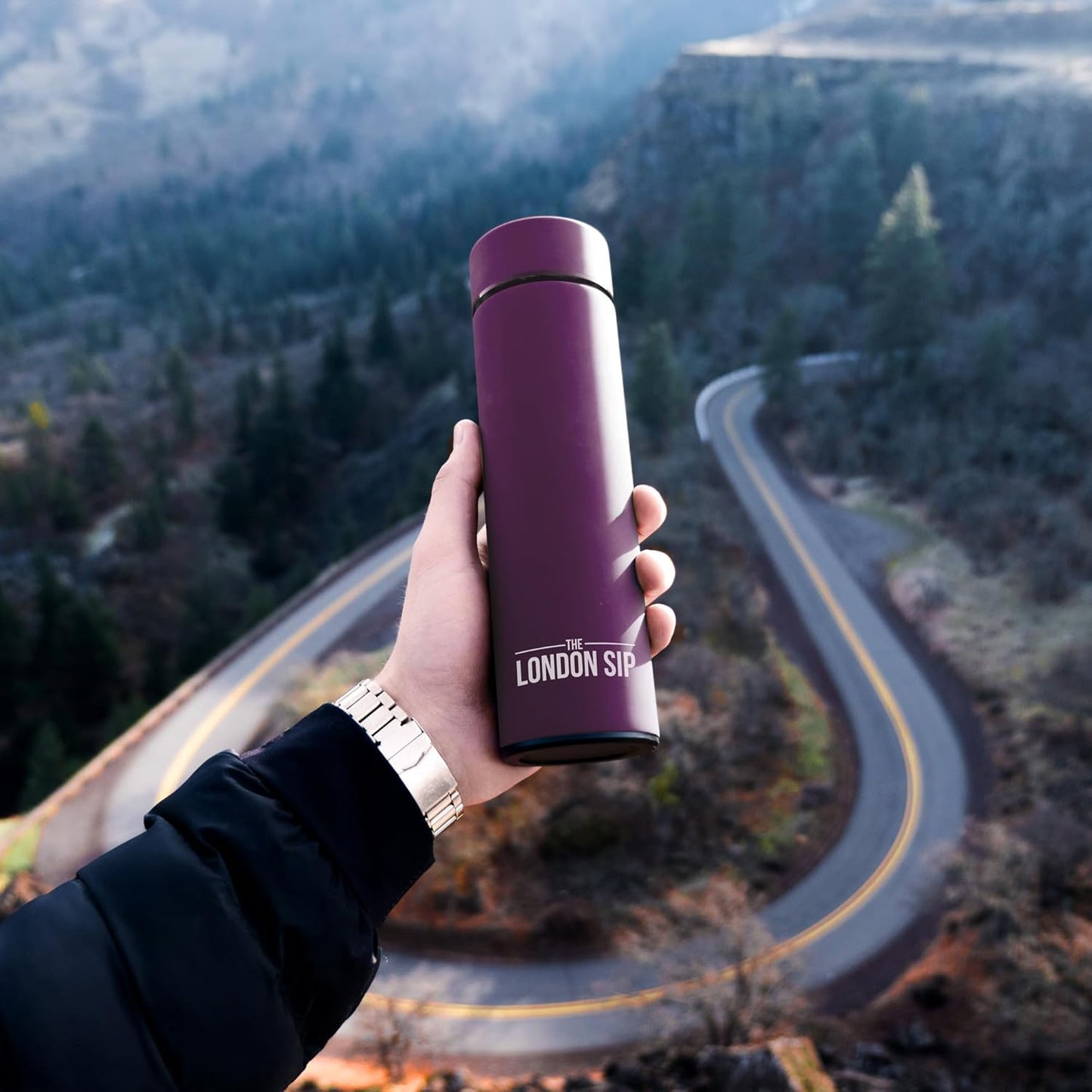 London Sip Multi-Purpose Travel Mug and Tumbler Fruit Infused Flask Hot and Cold Double Wall Stainless Steel Thermos with Extra-Long Infuser, Purple