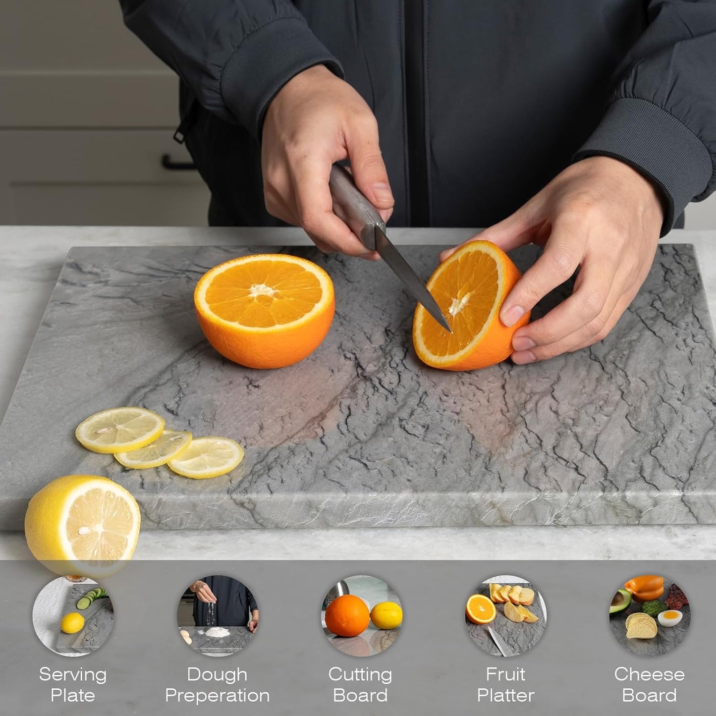 Koville Natural Marble Pastry Board for Kitchen, 16" x 12" Marble Tray Cutting & Charcuterie Board Slab for Countertop, Stone Cheese Resistant Pastry Tray, Rectangular Serving & Chopping Slab - Dark