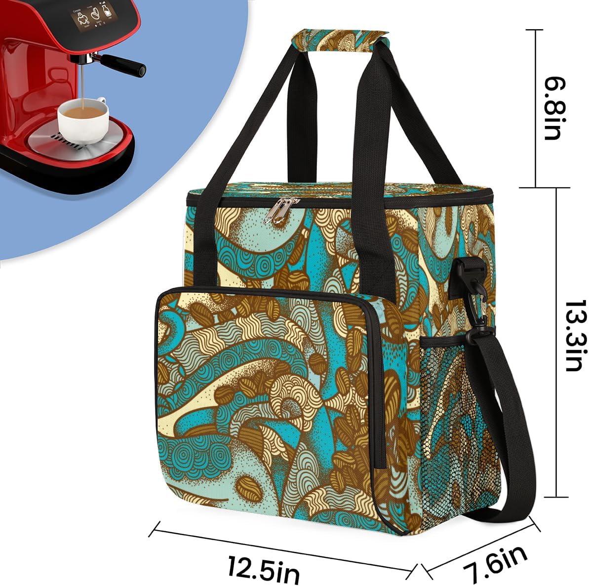 Vintage Boho Coffee Bean Maker Carring Bag Travel Carrying Storage Tote Compatible with Keurig K-Mini or Plus Portable Single Serve Brewer Case Pockets for K-cup Pods