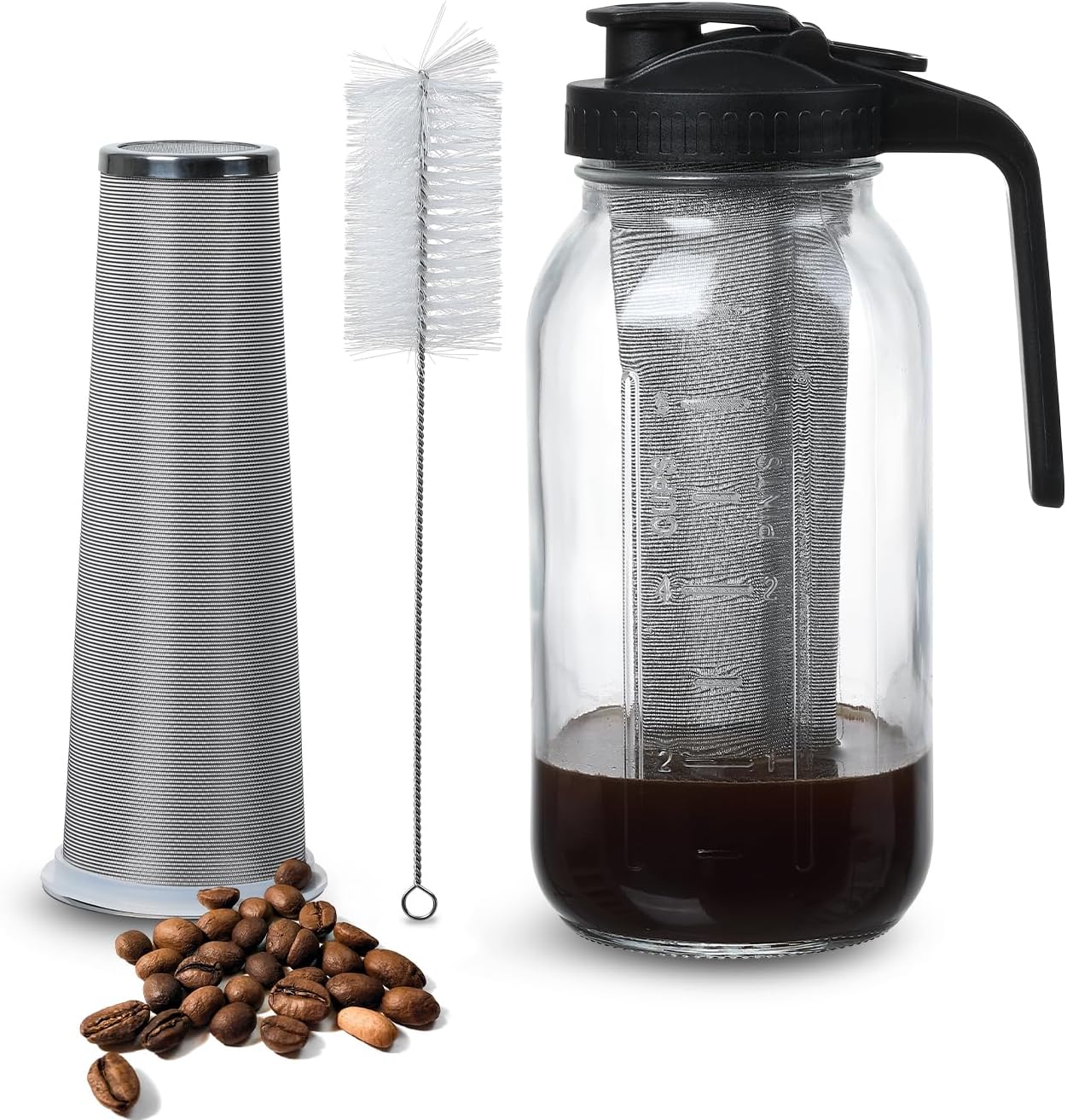 Cold Brew Coffee Maker Pitcher 64-ounce Glass Wide Mouth Mason Jar with Stainless Steel Filter and Pour Spout Handle Lid (Black, 64Ounce)