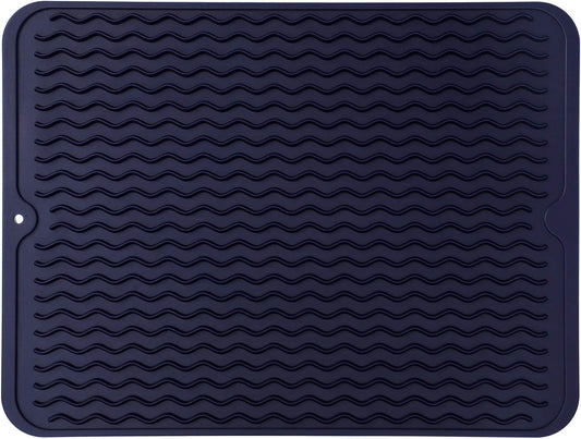 Silicone Dish Drying Mat for Multiple Usage,Easy clean,Eco-friendly,Heat-resistant Silicone Mat for Kitchen Counter or Sink,Refrigerator or drawer liner Navy Blue L 16 inches x 12 inches