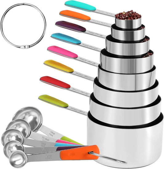 13-Piece Measuring Cups and Spoons Set Stainless Steel for Cooking & Baking (8Cups+5Spoons）