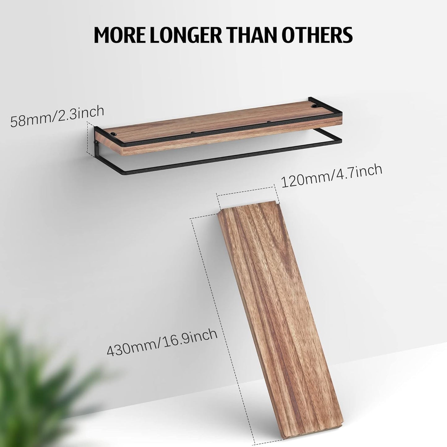 Meangood Floating Shelves Wall Mounted Set of 2, Wall Shelf with Towel Bar Rustic Wood Wall Storage Shelves for Bedroom,Living Room,Bathroom, Kitchen Torched Wood