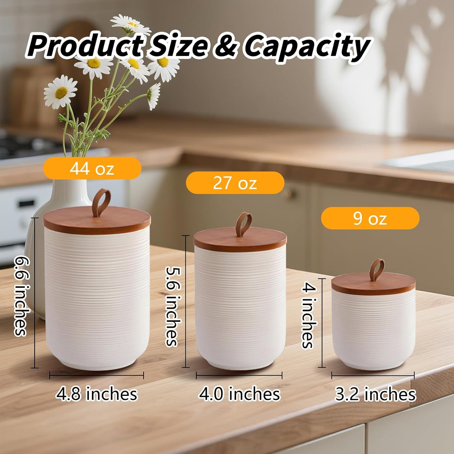 Food Storage Jar Strong Ceramic Storage Canisters with Airtight Wooden Lid,Kitchen Storage Containers for Serving Coffee Beans, Tea, Sugar, Salt, Spices (Medium white)