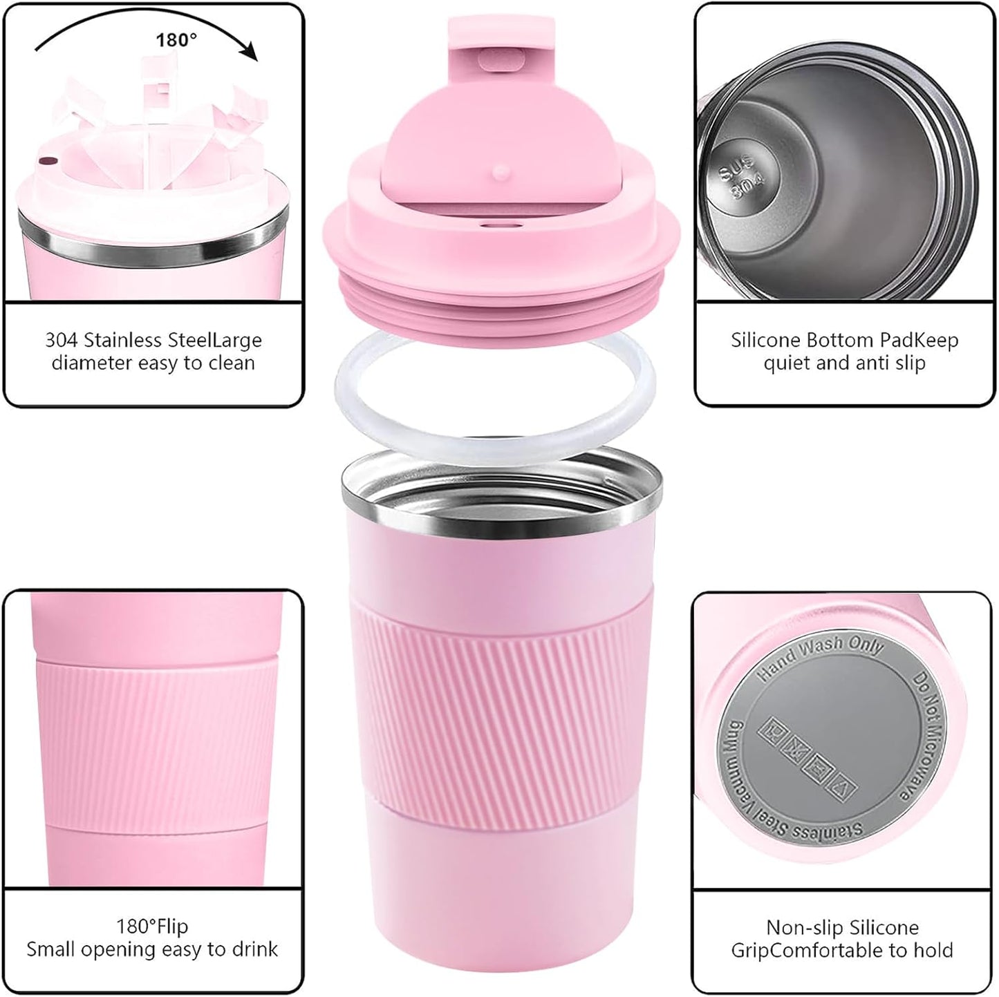 YINBAOGE Insulated Travel Coffee Mug Spill Proof Leak Proof Pobtable To Go Camping Stainless Steel Coffee Tumbler Reusable Coffee Cups with Lids Thermos for Hot and Cold Drink (Pink, 12 OZ)