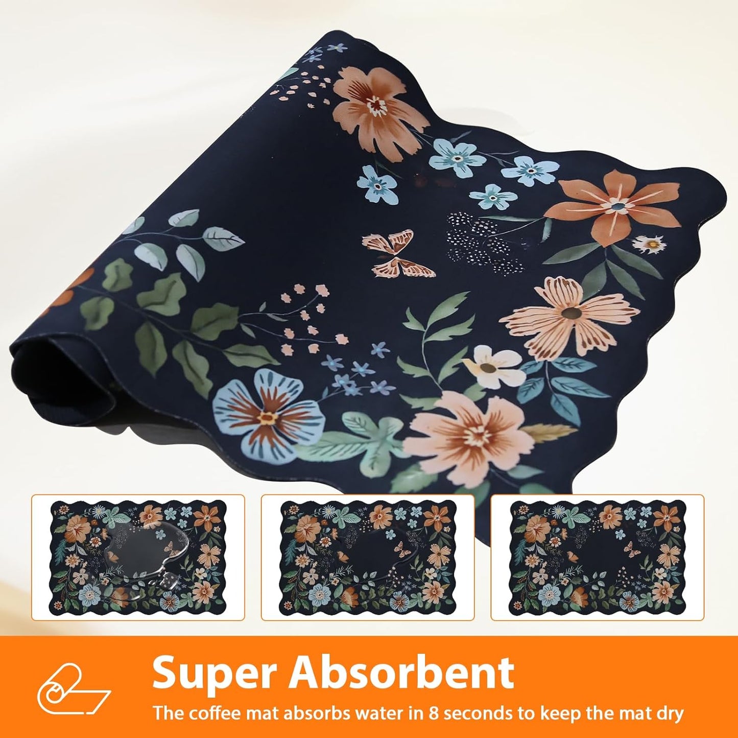 Scalloped Bohemian Coffee Bar Mat Dish Drying Mats for Kitchen Counter, Kitchen Decor,(16"x24", Black)