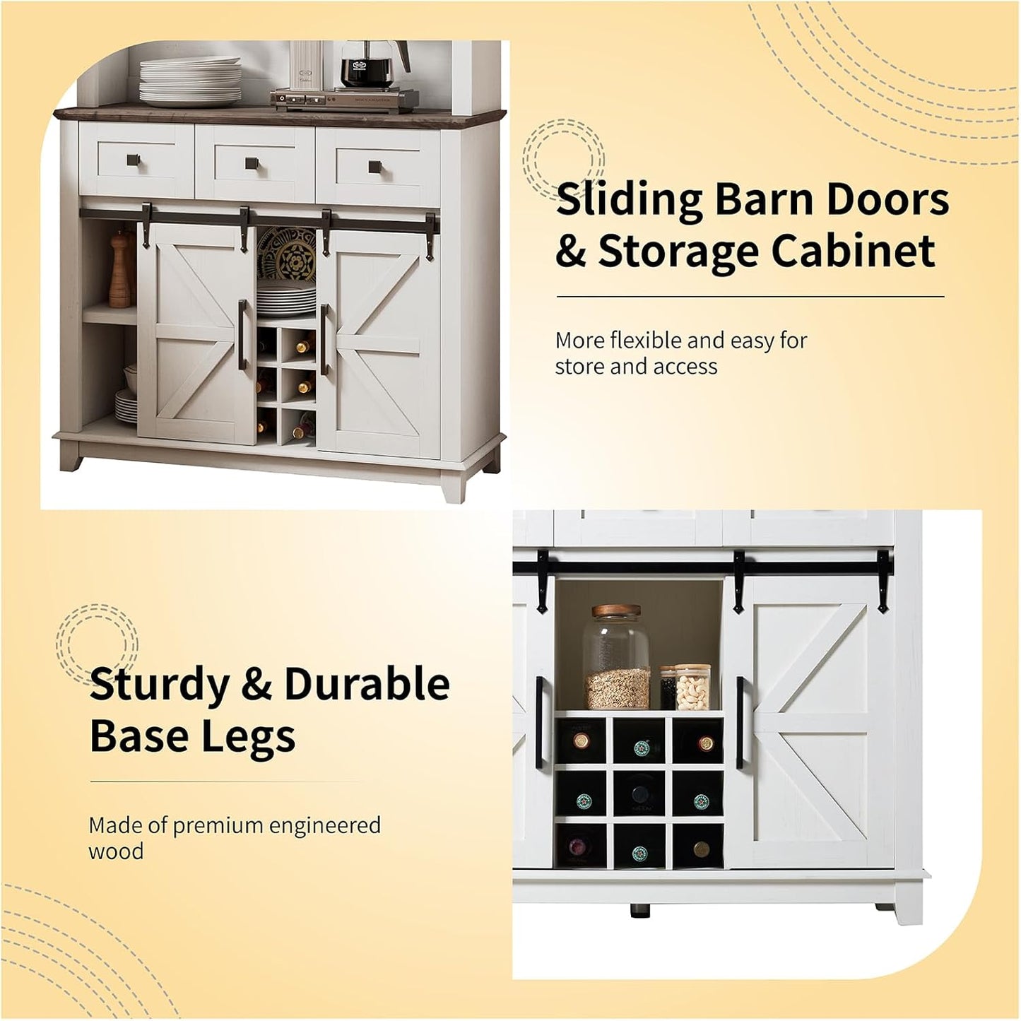 72" Coffee Bar Wine Cabinet with Sliding Barn Door & LED Lights, Sideboard Buffet Cabinet with Wine Bottle Rack, 3 Drawers, Storage Cabinet for Kitchen, Dining Room, White