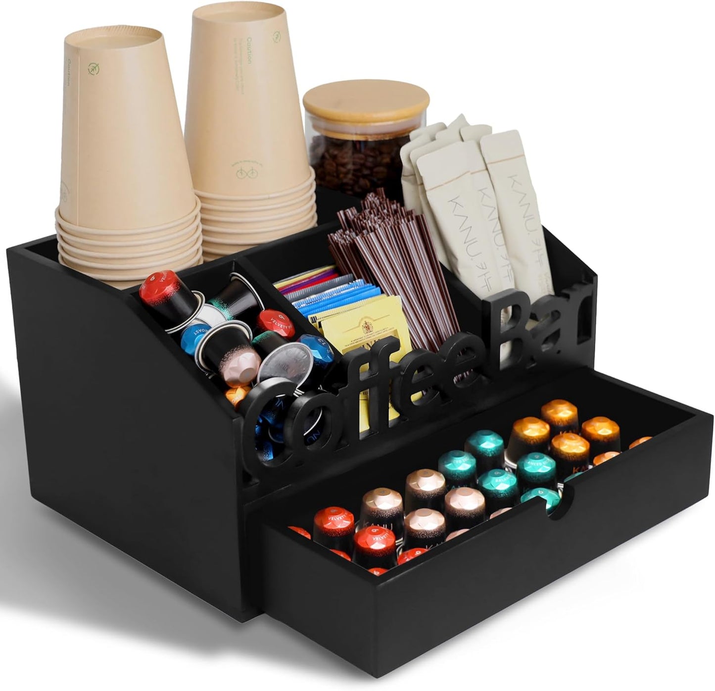 Coffee Bar Organizer for Countertop – Wooden Coffee Station with Black Drawer, Tea and K Cup Storage Rack, Coffee Pod Holder for Home and Office Counter Organization