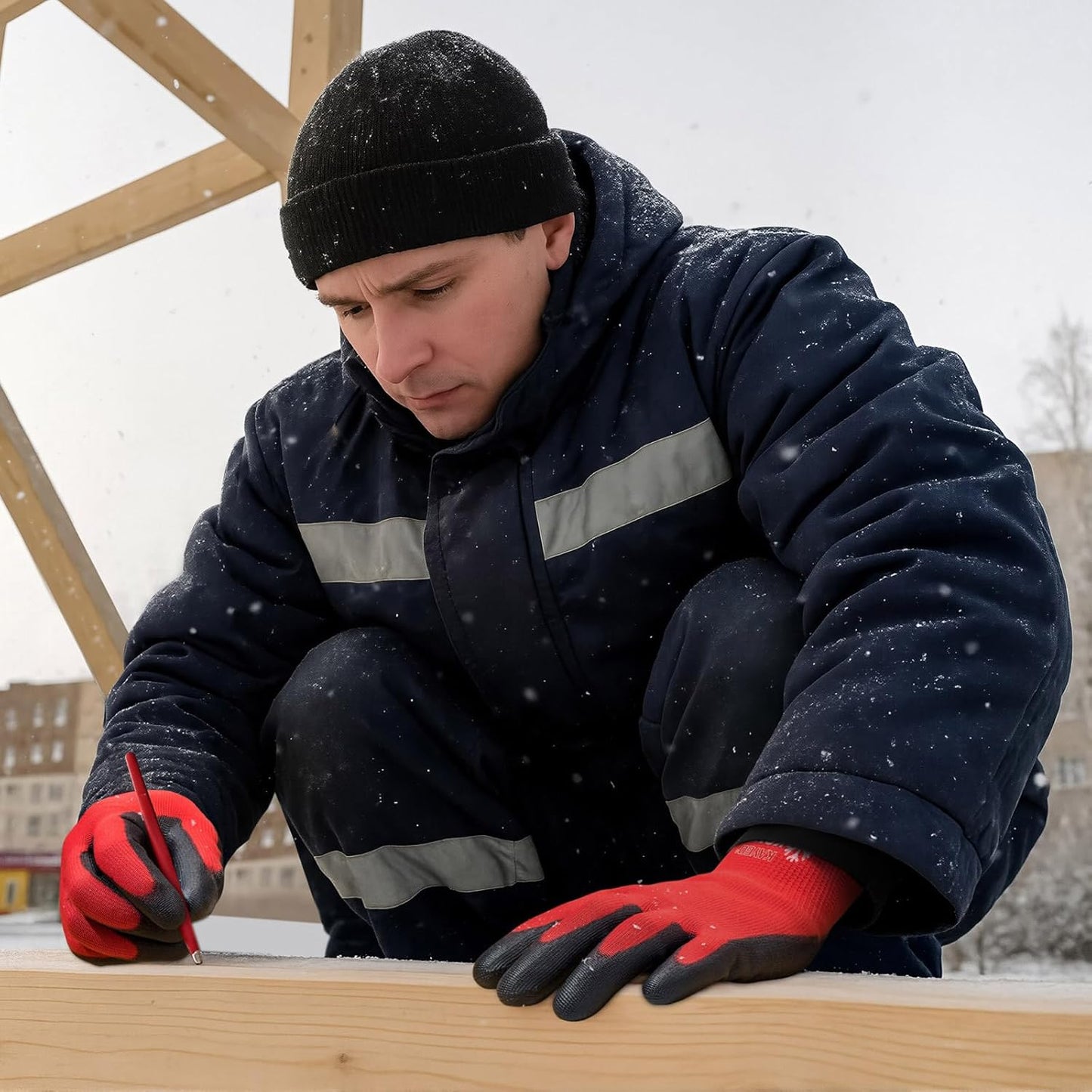 KAYGO Winter Work Gloves for Men and Women, 12 Pairs Thermal Insulated Safety Work Gloves PU Coated, Smooth Grip on Palm & Fingers,Ideal for Freezer Work,Red,L