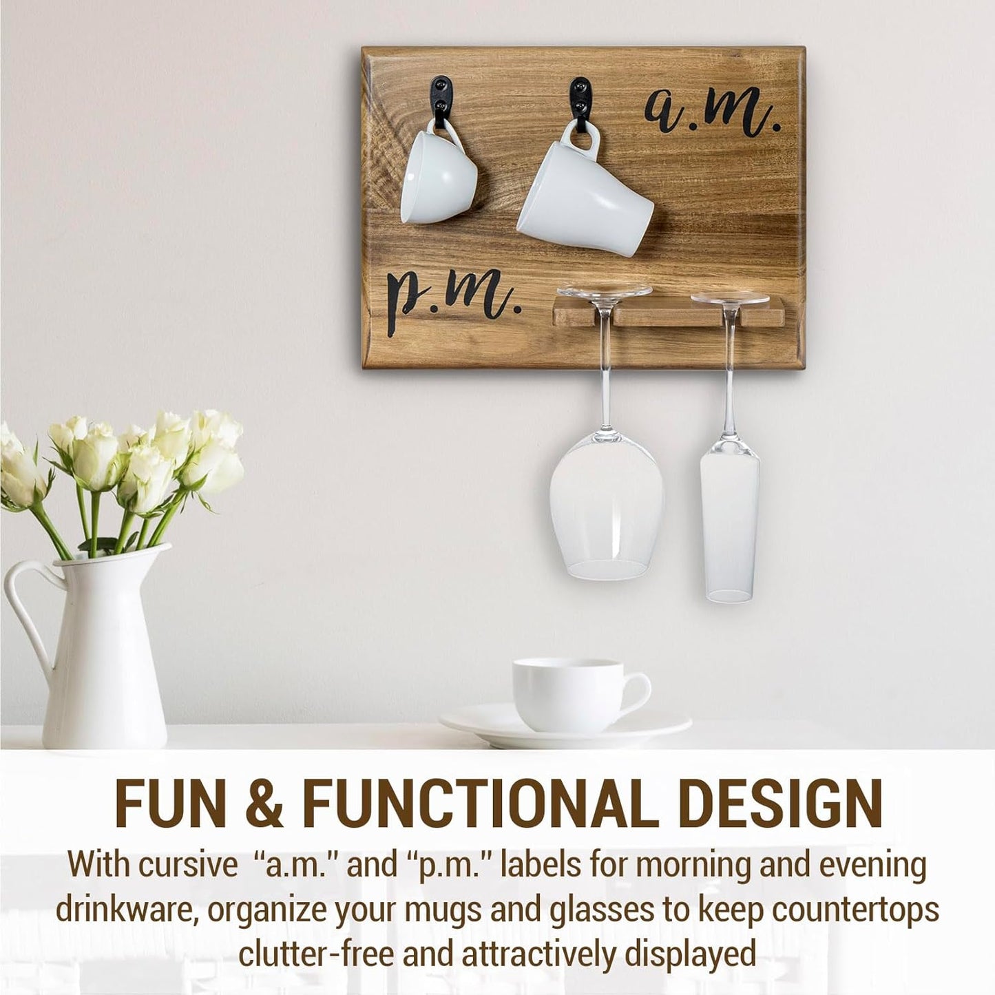 MyGift Premium Solid Acacia Wood Wall Mounted Mug and Wine Glass Holder Rack – Rustic Coffee and Wine Bar Organizer with Cursive A.M. / P.M. Design