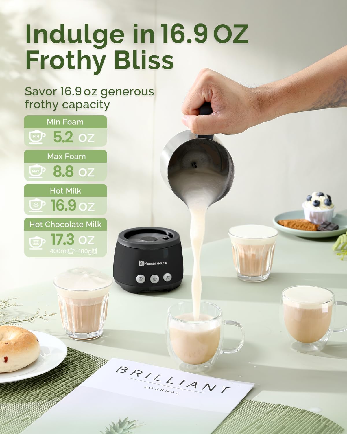 Maestri House Milk Frother, 4-in-1 Electric Milk Steamer and Frother, 16.9OZ 600W Smart Touch Control Hot and Cold Foam Maker, Memory Function for Latte, Cappuccinos, Warm Milk, Hot Chocolate Milk