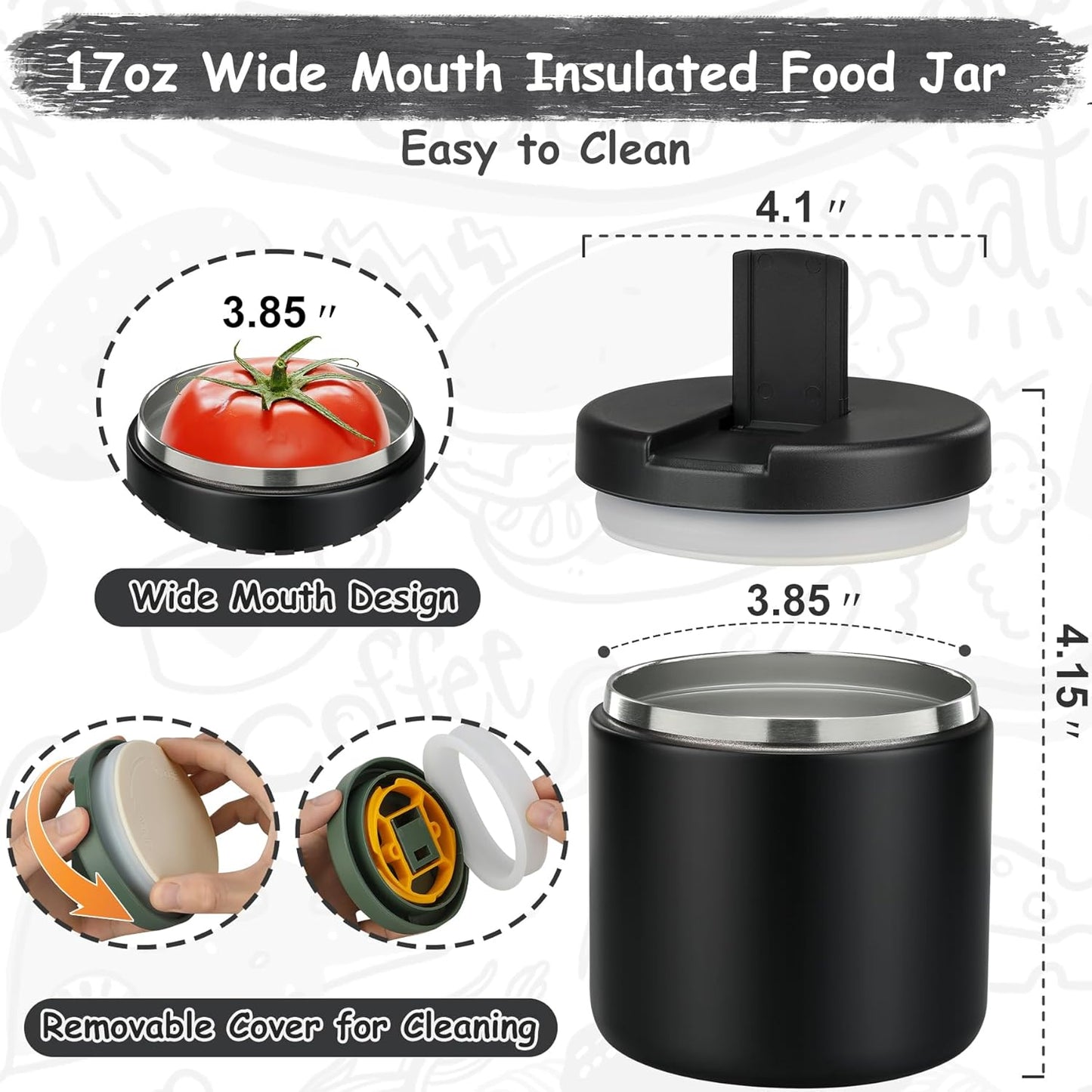 19oz Insulated Vacuum Food Jar with Buckle Lid Wide Mouth Soup Thermo for Hot Food Kids Leakproof Stainless Steel Lunch Container- Black-1Pack