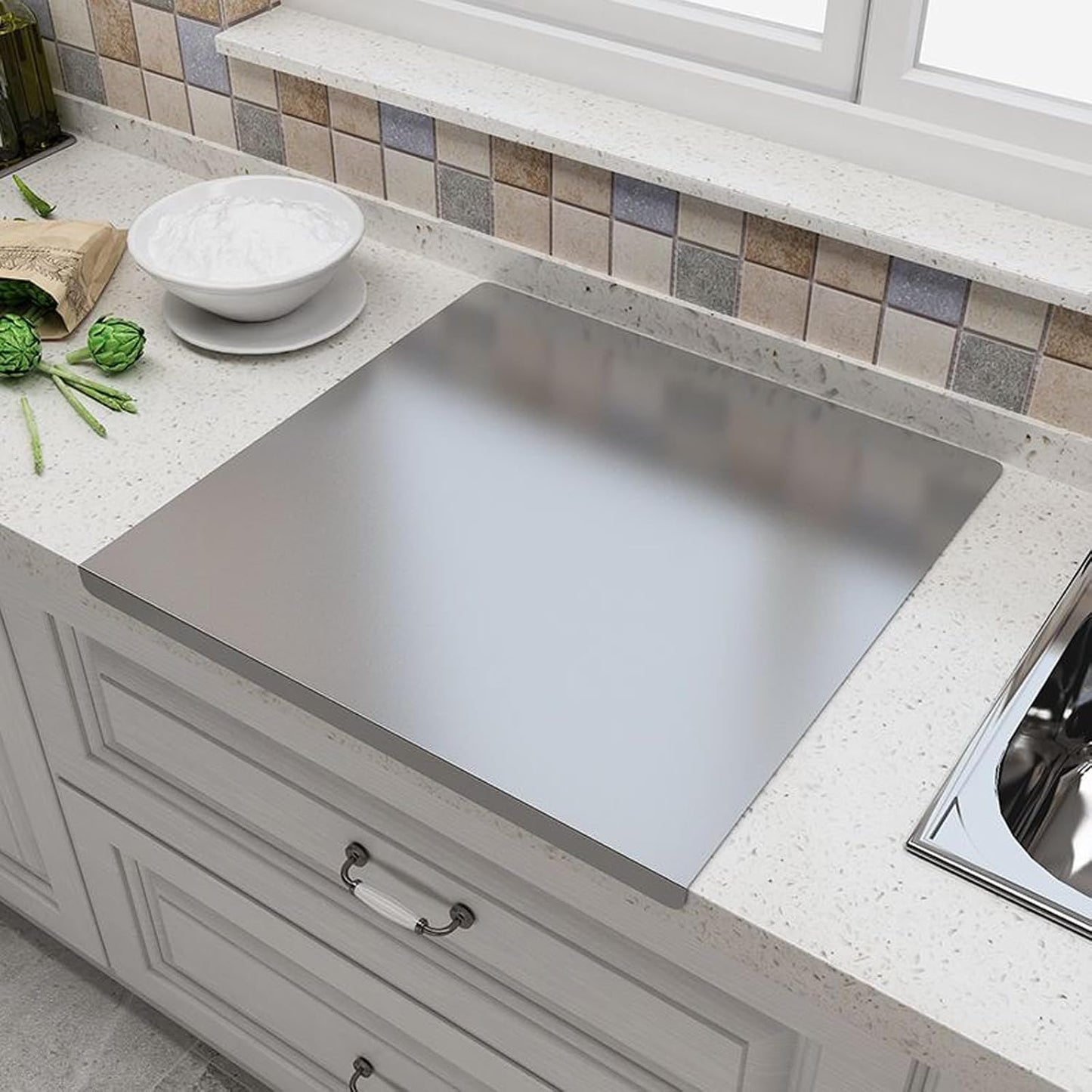 Stainless Steel Cutting Boards with Lip for Kitchen,Chopping Boards for Countertop,Large Metal Cutting Board over Sink Suitable for Meat, Fruits,Vegetables,Bread,Cake,Pasta,Noodle,Pizza(19.7"*15.7")