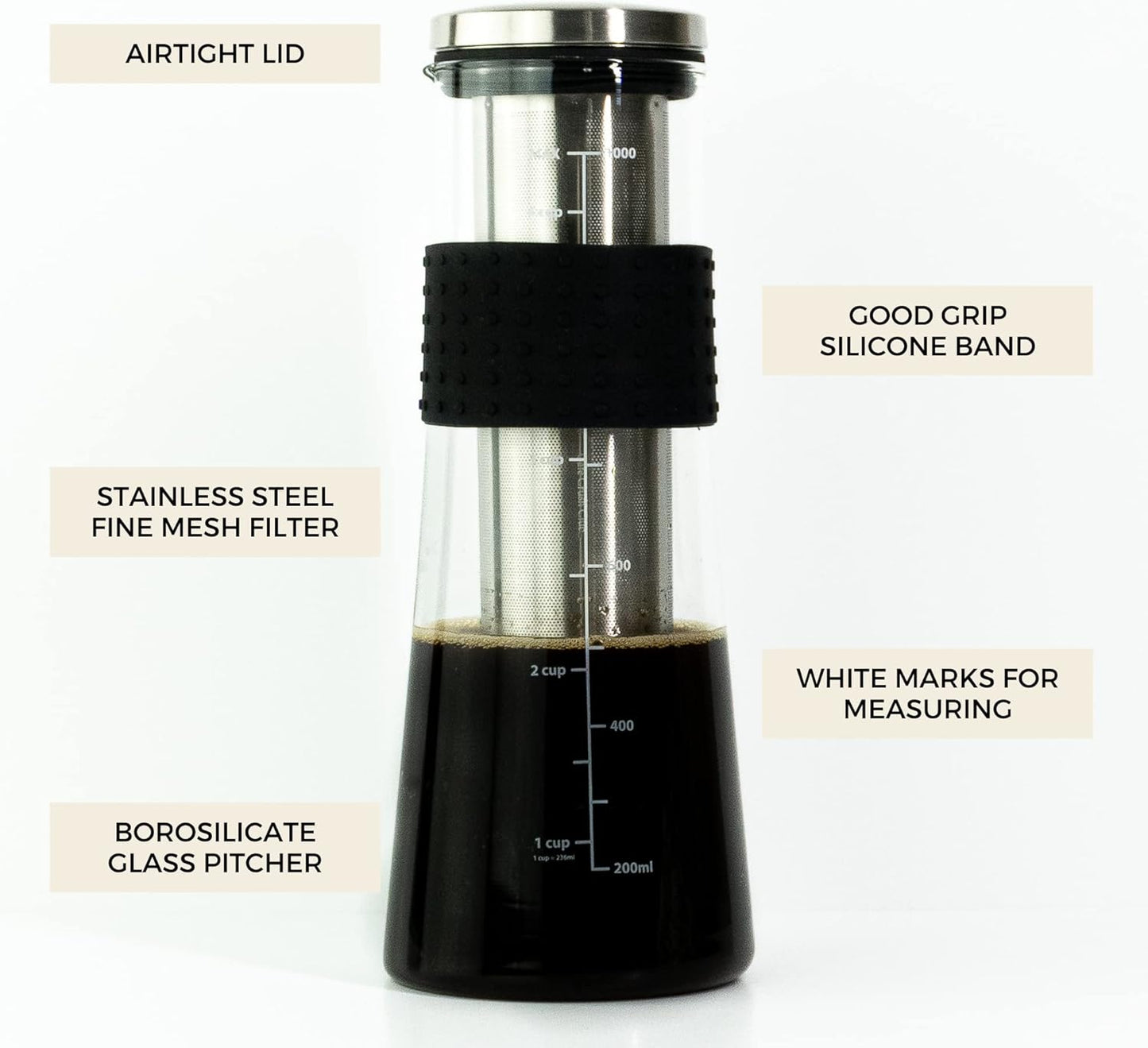 Cafe Crush Club Cold Brew Coffee Maker | Fire Toughened Borosilicate Glass | 304 Stainless Steel Infuser | 1000ml / 34 oz | Cold Brew Iced Coffee Pitcher