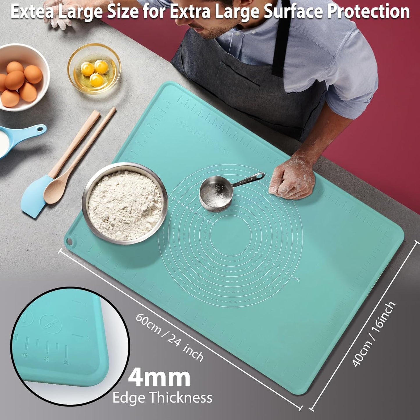 24"X16" Silicone Baking Mat Extra Large Non-stick Pastry Mat with High Edge, Dough Rolling Board for Pastry, Macarons, Pies, Bread, Cookies, Pizza, Fondant, Pasta, Food Grade Silicone Baking Supplies