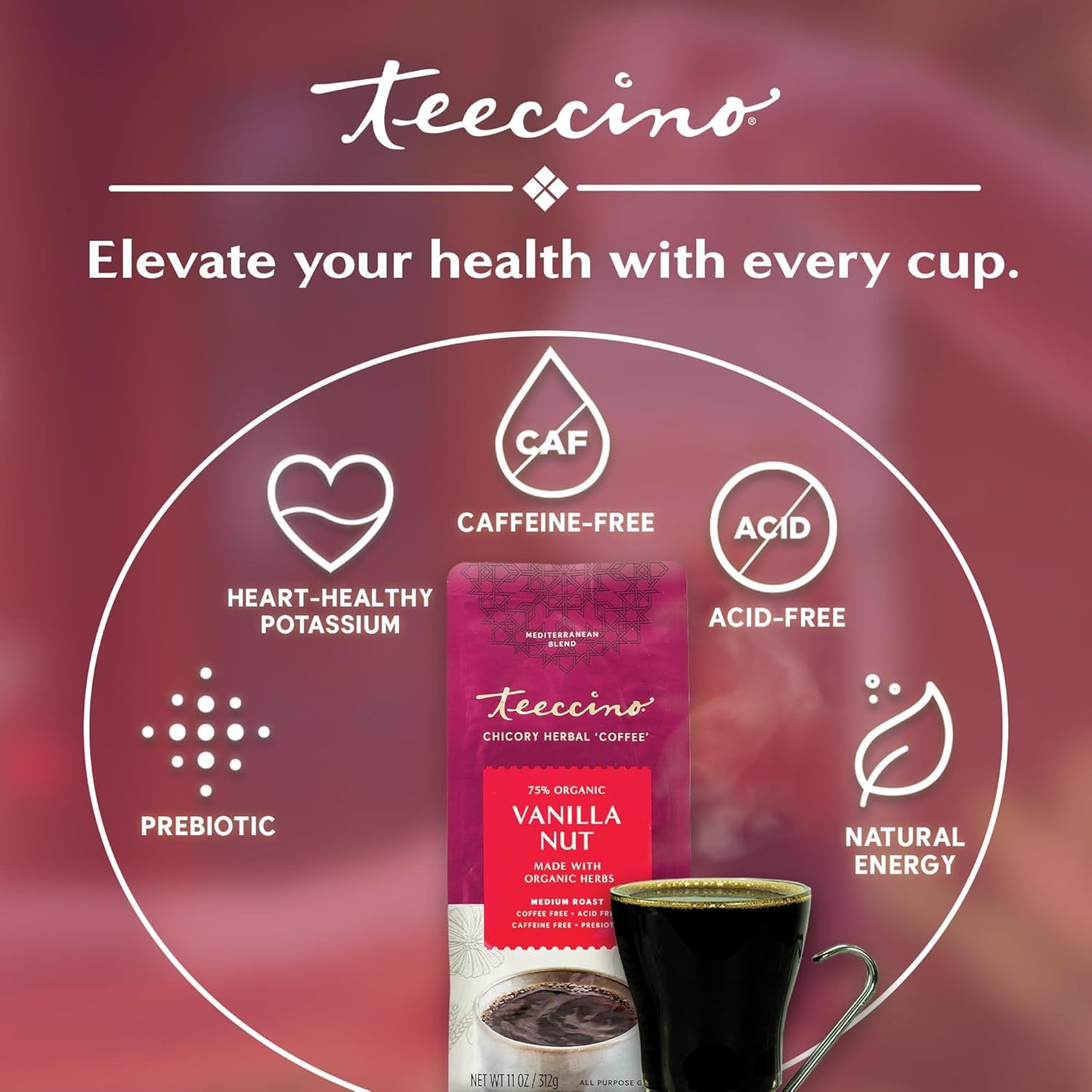 Teeccino Vanilla Nut Chicory Coffee Alternative - 11 Ounce - Ground Herbal Coffee That’s Prebiotic, Caffeine Free & Acid Free, Medium Roast