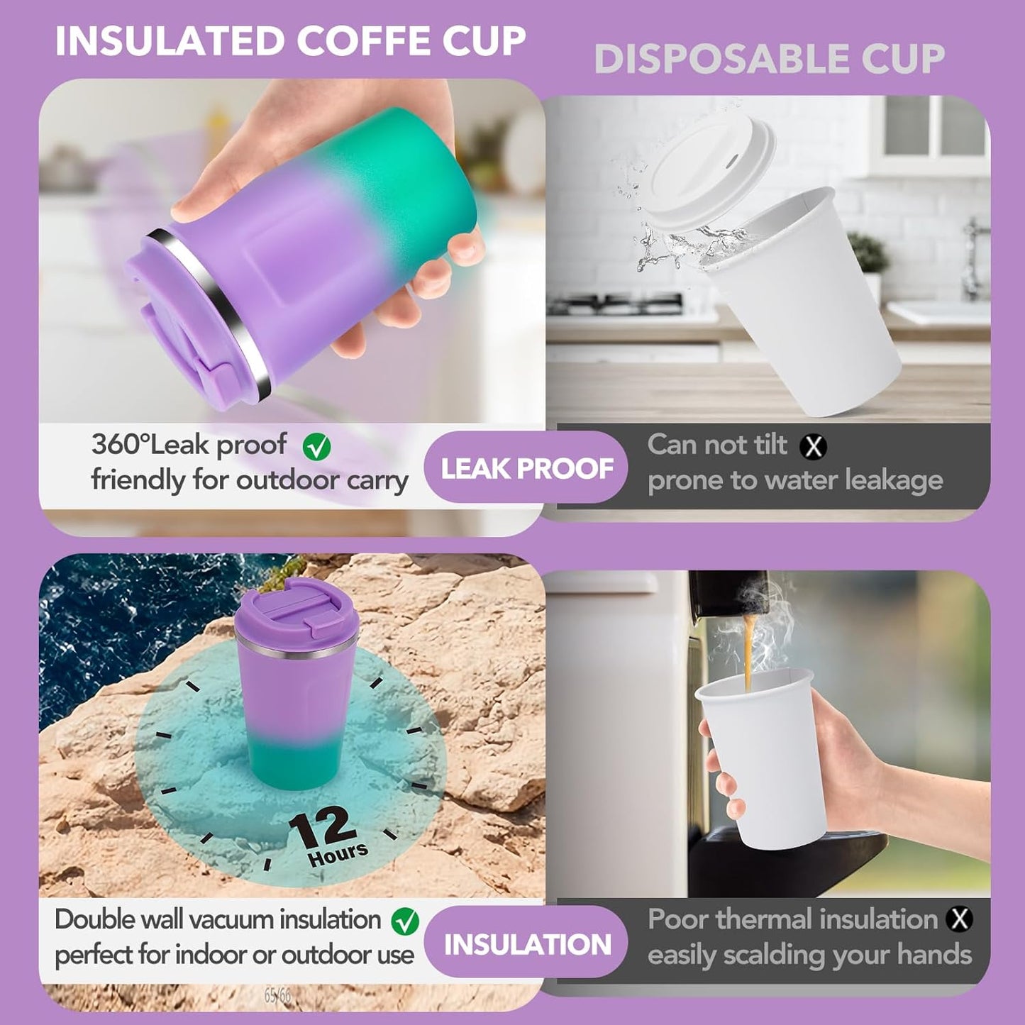 Volhoply 12 oz Double Wall Insulated Vacuum Travel Coffee Mug with Flip Lid,Reusable Stainless Steel Leak Proof Coffee Cup,Portable Iced Cafe Thermal Tumbler for Hot & Cold Drinks(Purple Green,1 Set)