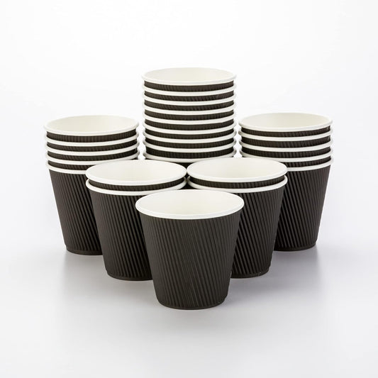 Restaurantware 8 Ounce Disposable Cups Pack of 25 Double Wall Hot Cups–Lids Sold Separately, Designed with a Rippled Wall and Black Paper Insulation, Ideal for Coffee, Hot Chocolate, and Tea
