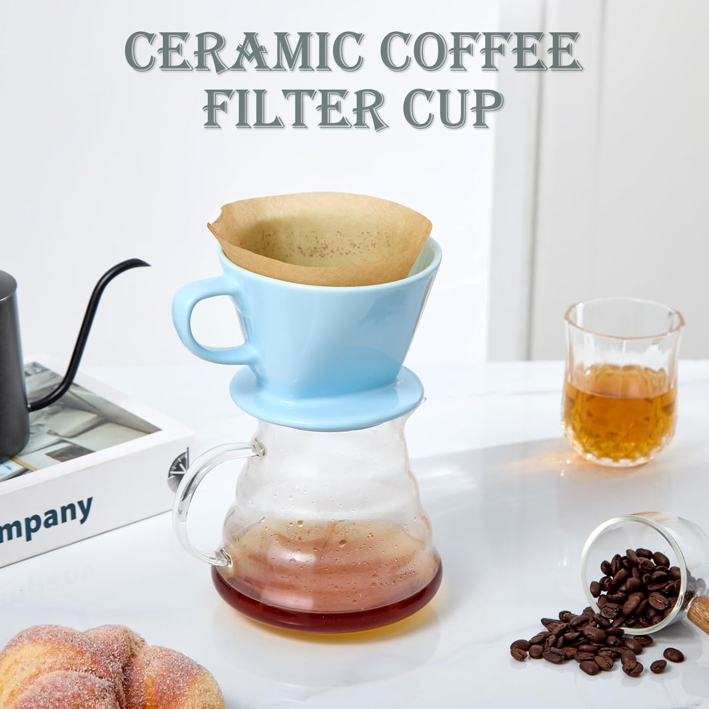 Pour Over Coffee Dripper, Ceramic Pour Over Coffee Maker with 3 Holes Flat Bottom, Easy Manual Brew Maker, Porcelain Slow Filter Cone for Travel, Camping, Office, Home, BL