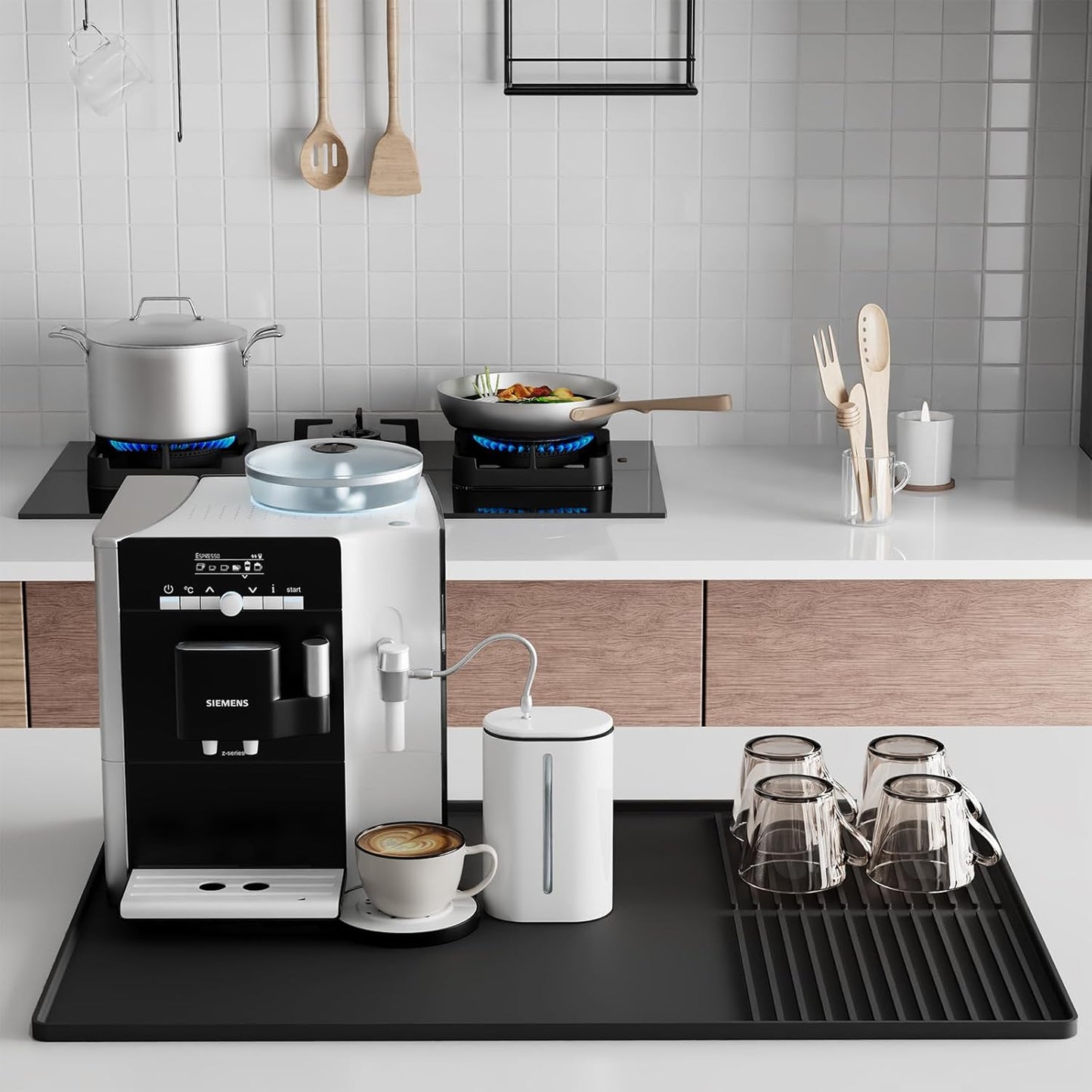 Silicone Coffee Mat with Raised Edges, , 24'' x 16'', Bar Mat for Countertops, Bar Accessories, Coffee Maker Mat, Espresso Machine, Dish Drying Mat (BLACK)