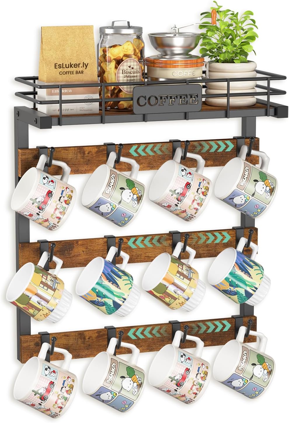 EsLuker.ly Coffee Mug Holder Wall Mounted Display Rack, Black Metal Cup Hanger Organizer with 12 Movable Plastic Hooks, Wood Rustic Shelf for Coffee Bar Home Kitchen, Thoughtful Wall Storage