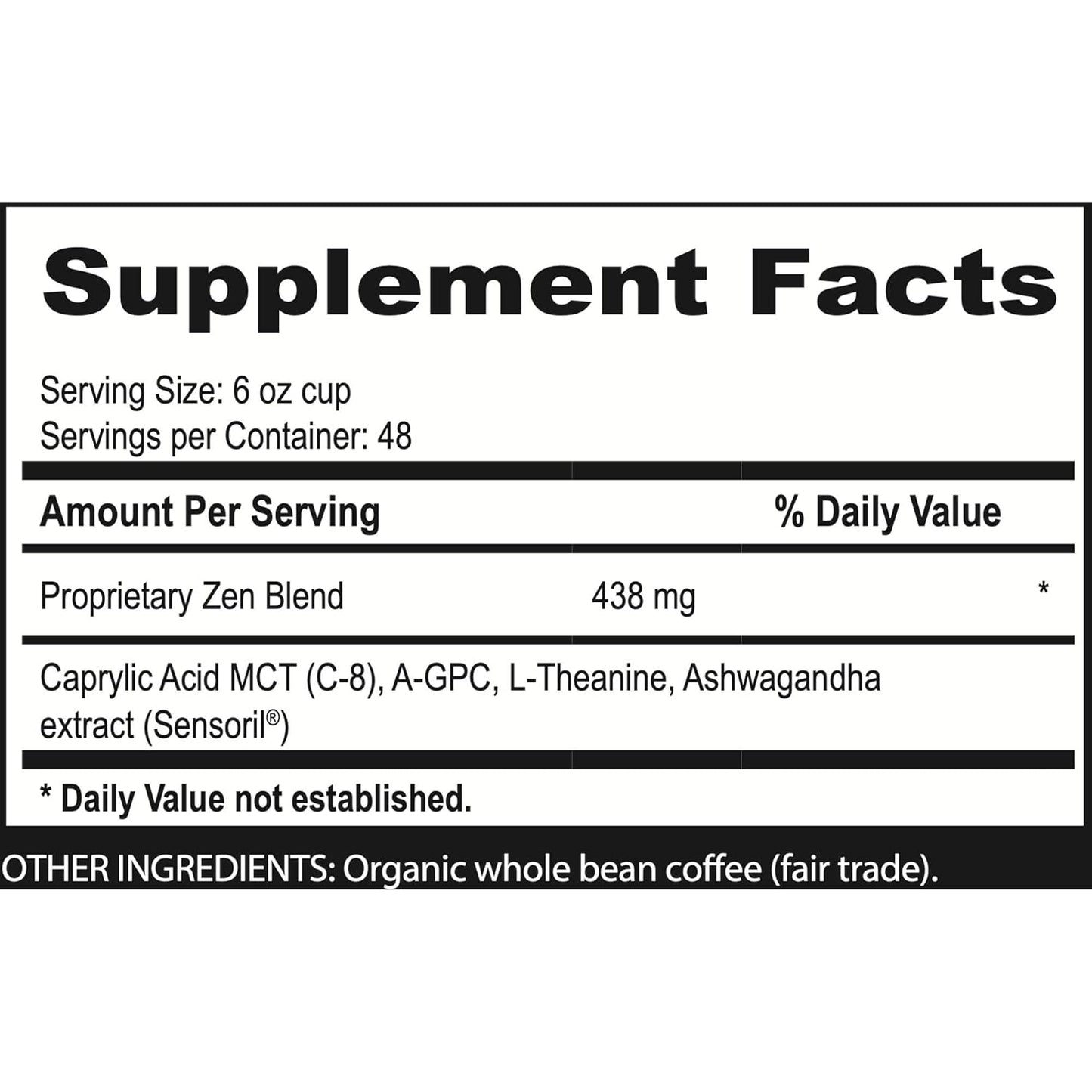Brain Bean Zen-Blend Organic Coffee Whole Bean with Caprylic Acid MCT (C-8), A-GPC, L-Theanine & Ashwagandha Extract - Premium Grade Organic Coffee Beans for Focus & Calm Support (16 Oz)