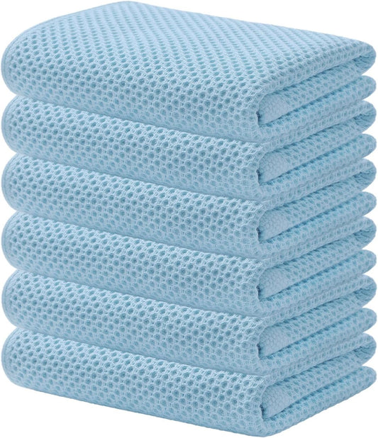 Kitinjoy 100% Cotton Waffle Weave Kitchen Towels (13 X 28 Inches, Sky Blue), 6-Pack Super Soft and Absorbent Dish Towels for Drying Dishes, Kitchen Hand Towels