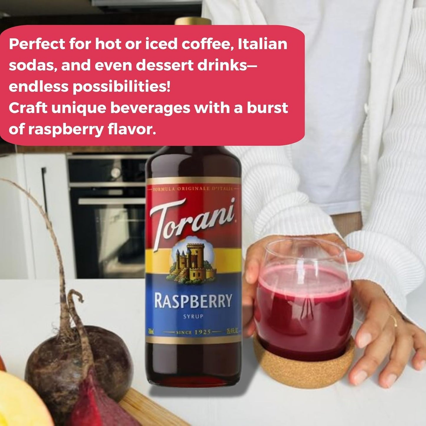 Jimoco® Syrup Pump Dispenser + Torani® Raspberry Syrup, 25.4 oz - Coffee Syrup Pump & Flavoring Bundle