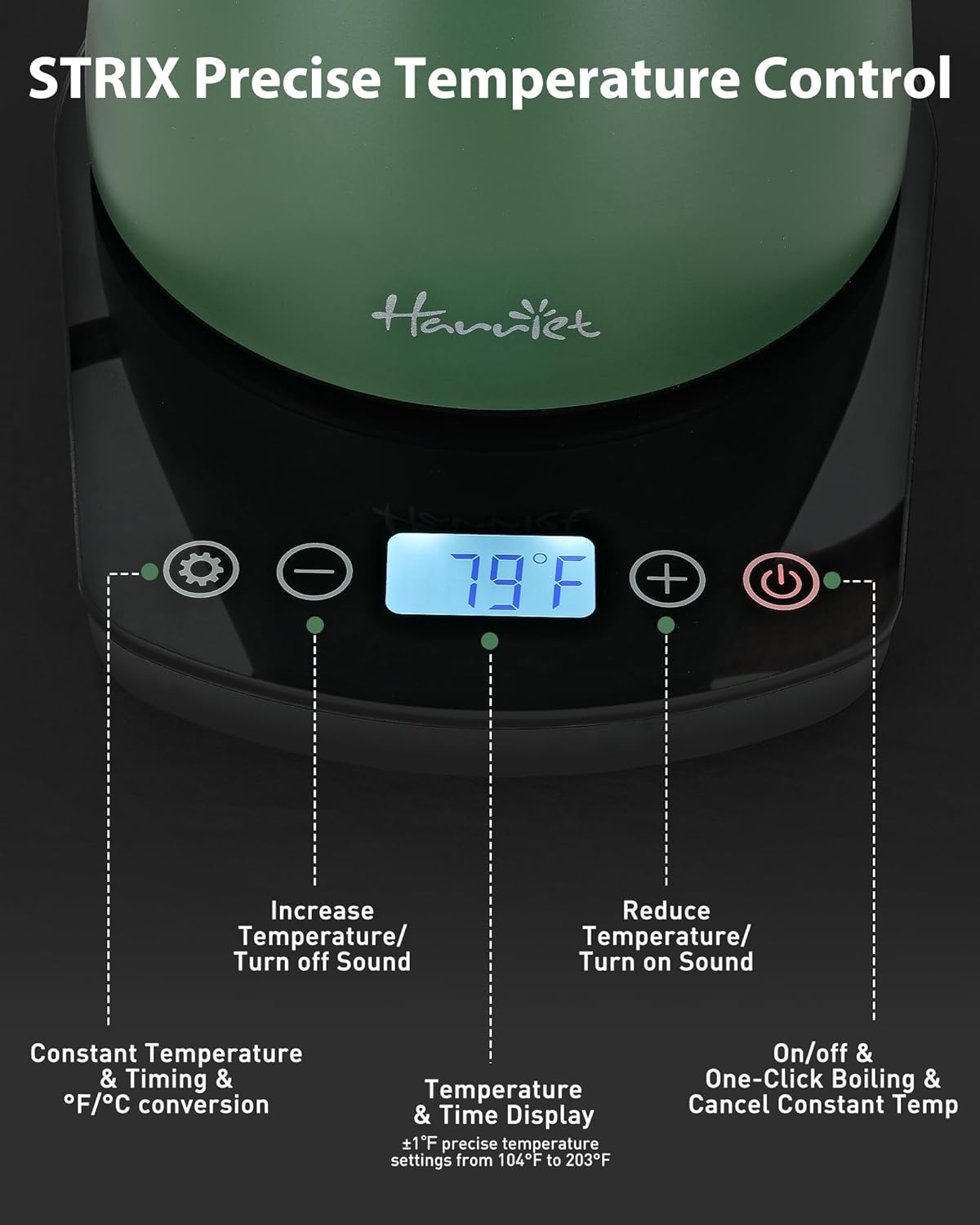 Harriet Gooseneck Electric Kettle - 1200W Fast Heat, 0.8L Stainless Steel, Precision Temp Control & Timer, Wood Handle, Pour Over Coffee and Tea, Green